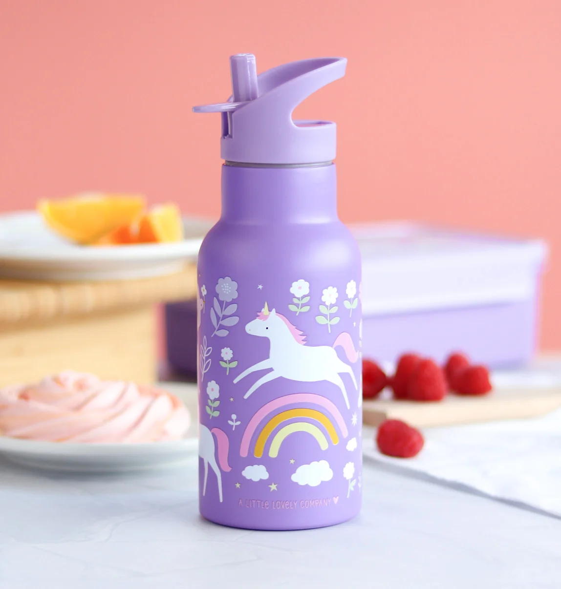A Little Lovely Company nerezová lahev na pití, 350 ml - jednorožci a duha