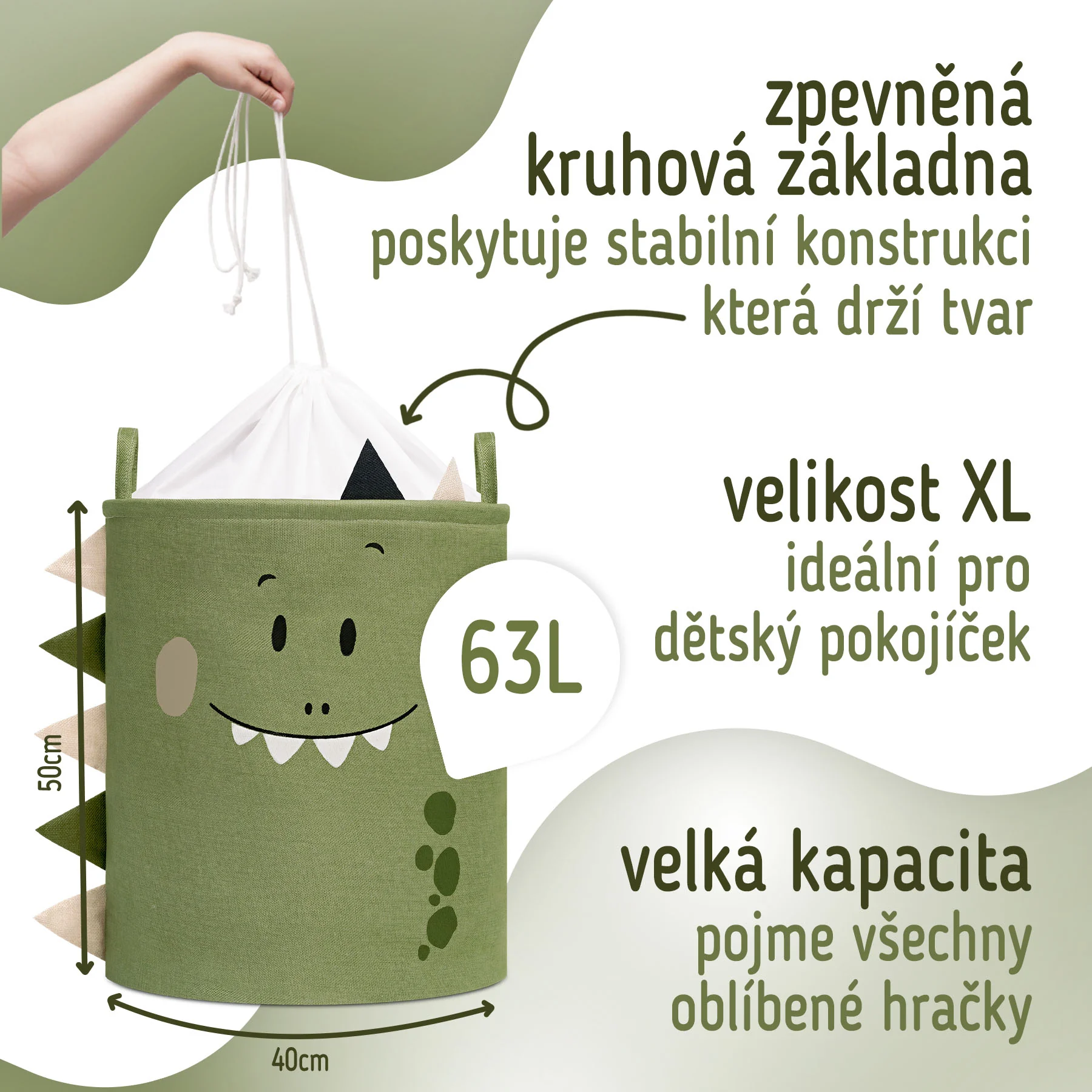 SIPO Koš na hračky XL se šňůrkou, skládací bavlněný / 63 l, DINO