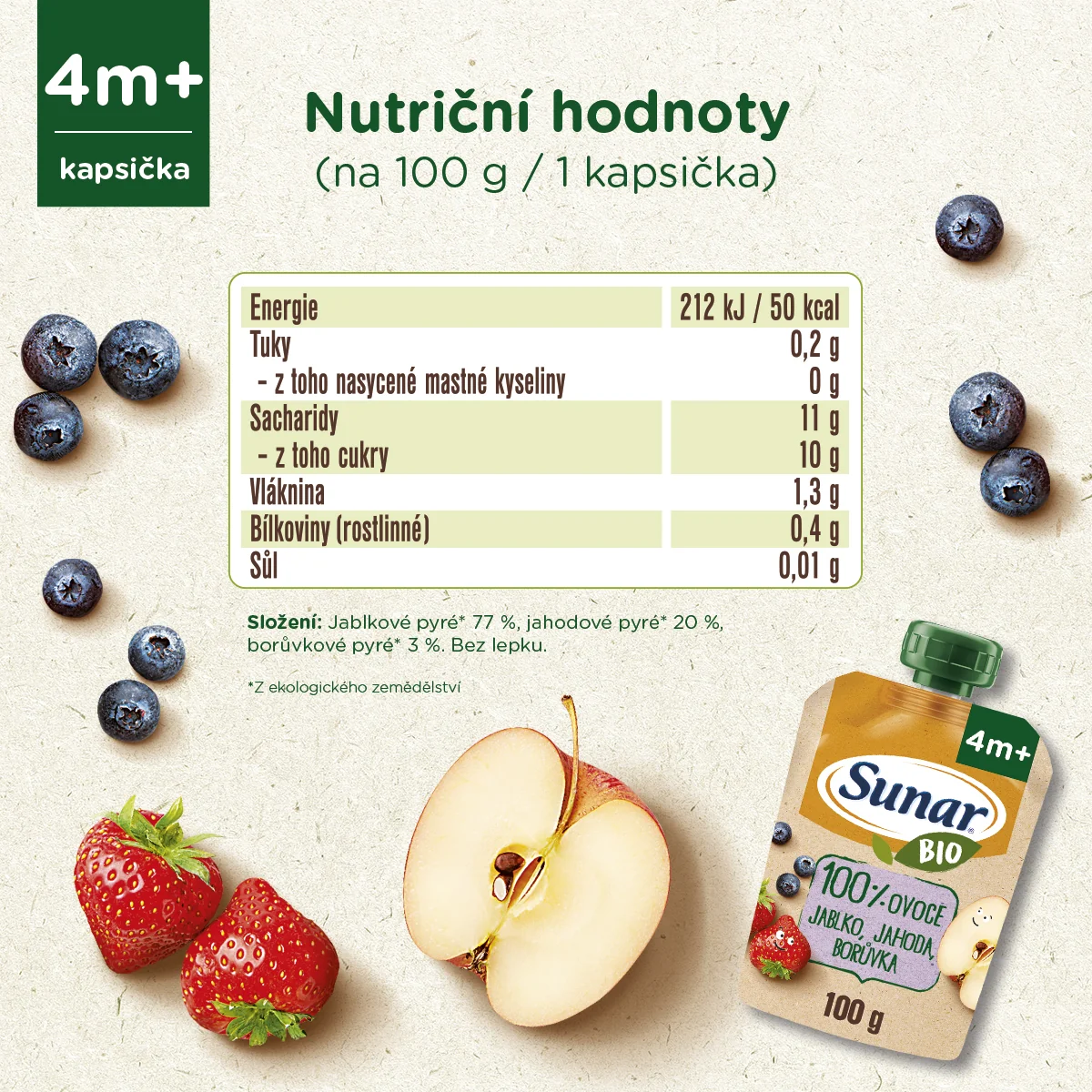 Sunar BIO Jablko, jahoda, borůvka kapsička 100 g