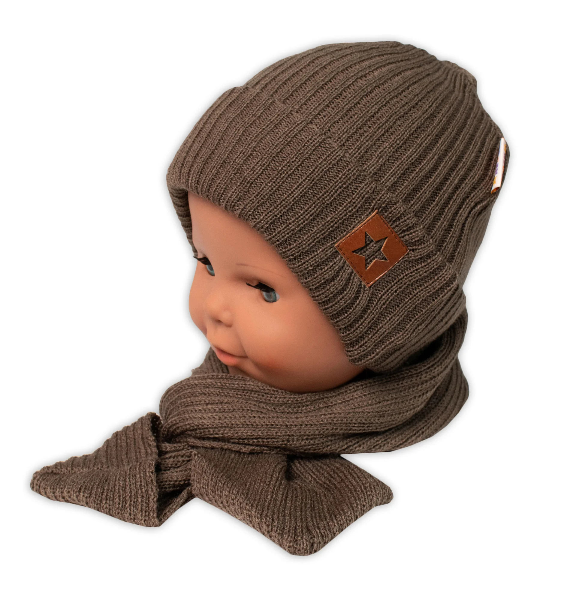 Baby Nellys Pletená čepice s šálou a rukavičky 3v1, STAR,hnědá