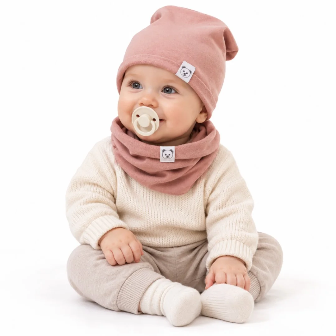 Baby Nellys Čepice s nákrčníkem bavlna, Little Bear, pudrová