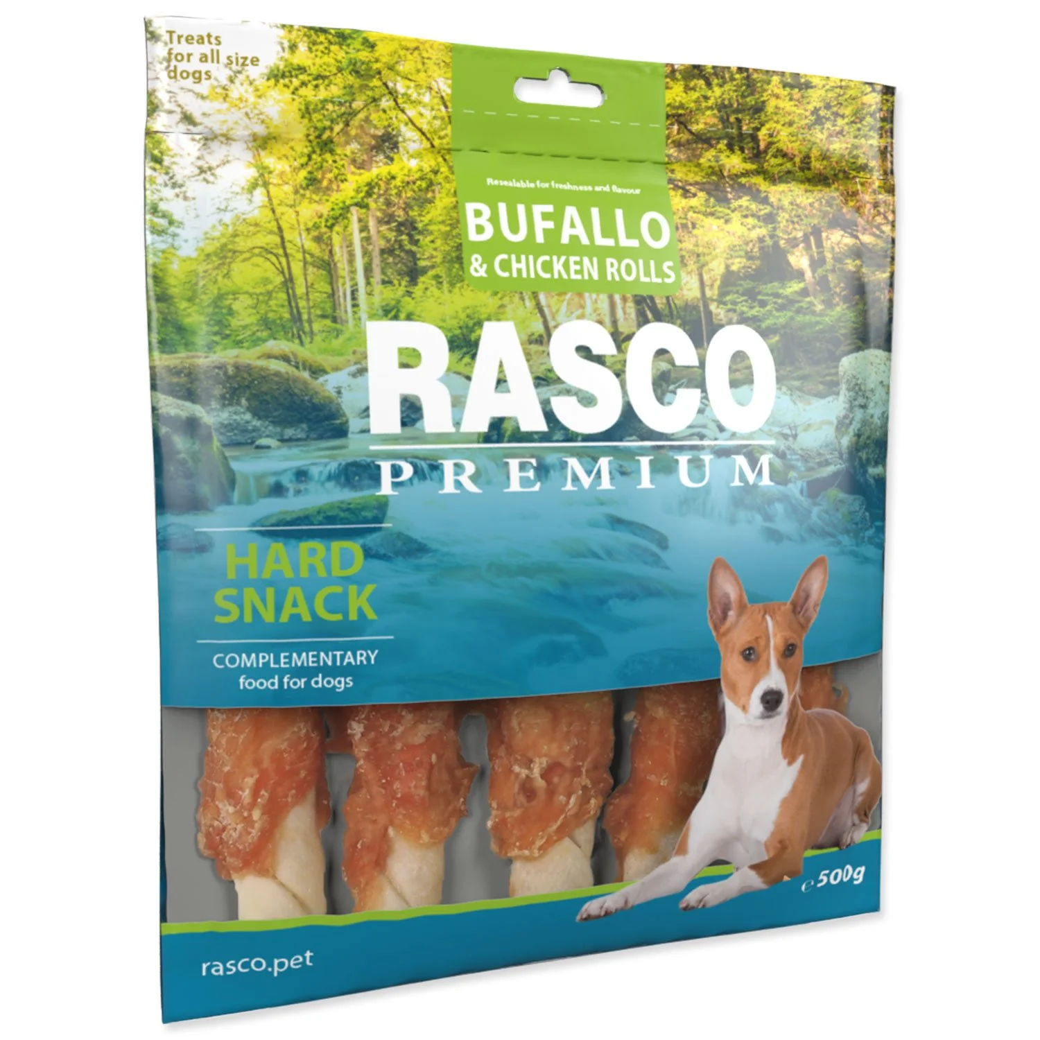 Rasco Premium Pochoutka buvolí kůže obalená kuřecím, tyčinky L 500g