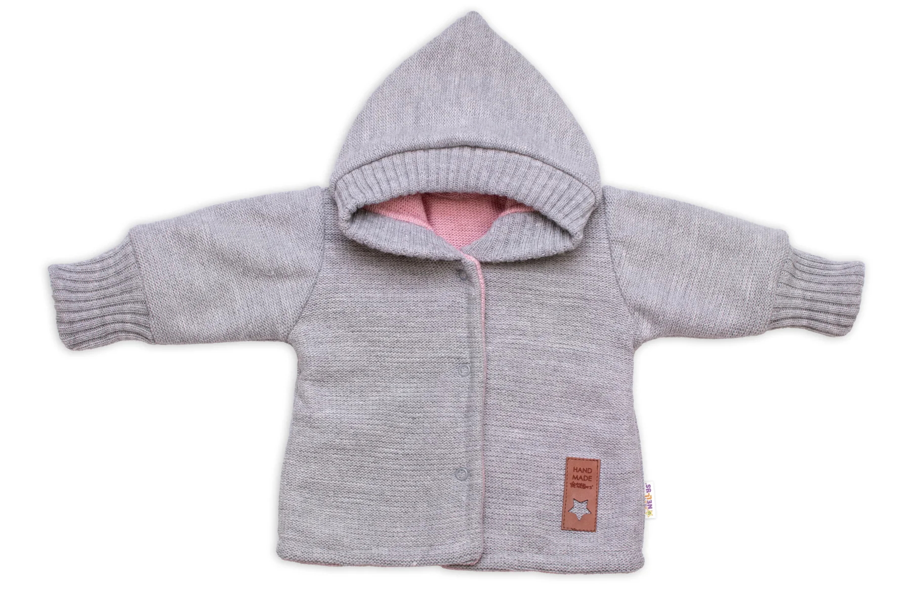 Baby Nellys Rostoucí oboustranný svetřík s kapucí Hand Made, růžová-šedá, vel. 68/74