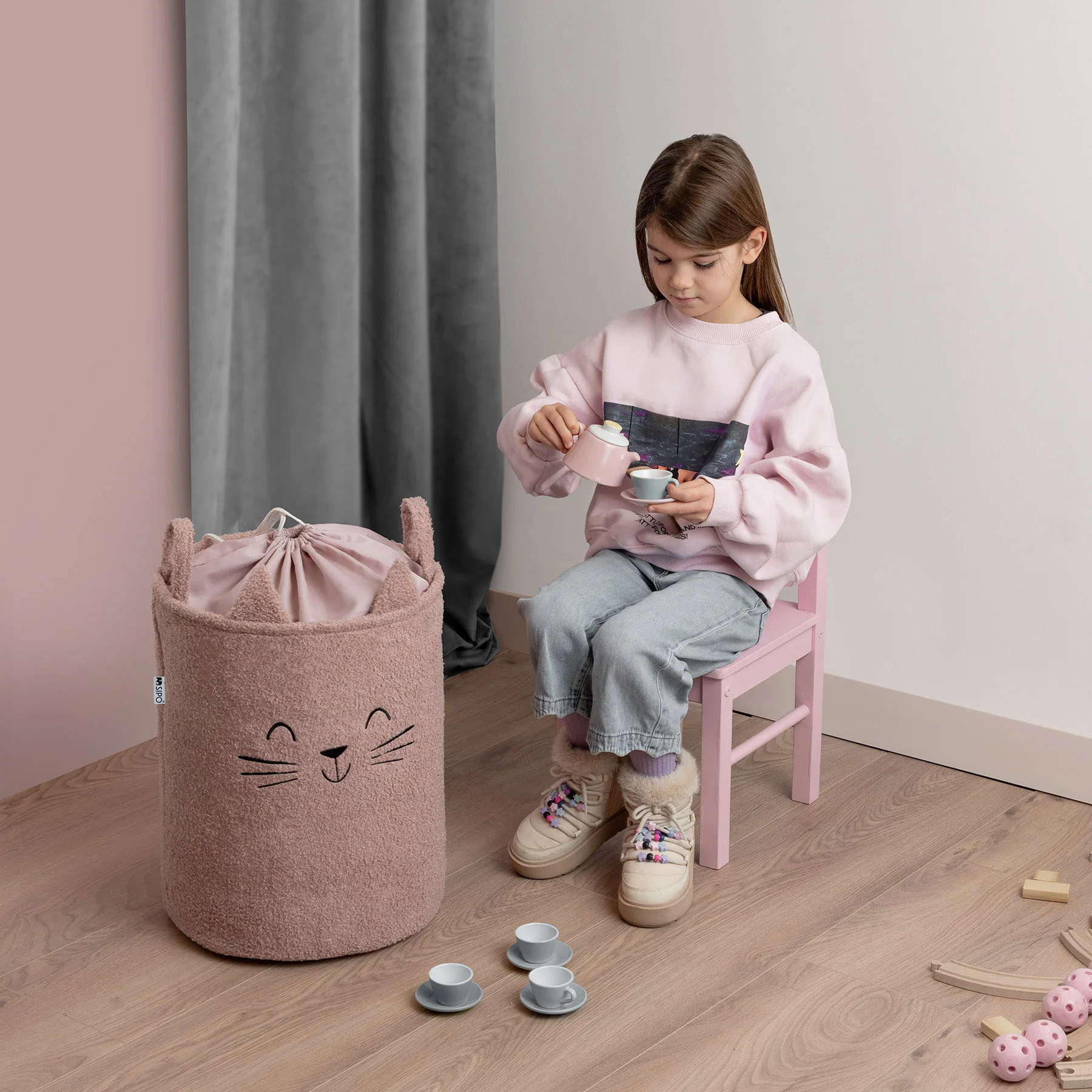 SIPO Koš na hračky Premium Bouclé se šňůrkou / 43 l, Cat (Pink)