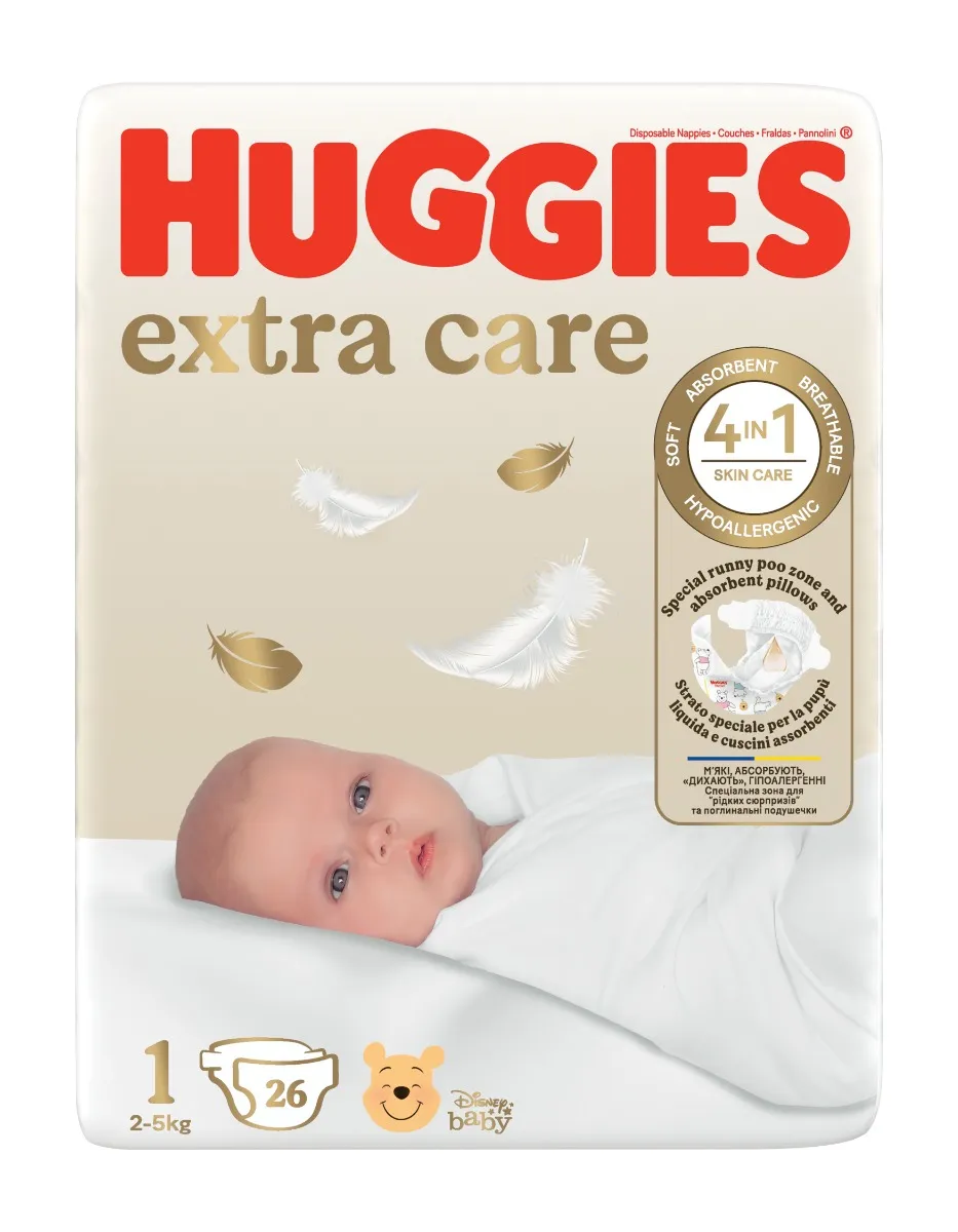 Huggies Extra Care 1 2–5 kg dětské pleny 26 ks