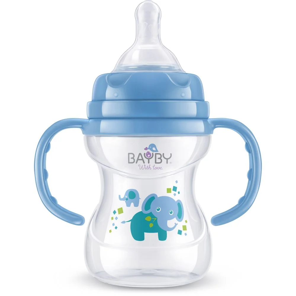 BAYBY Kojenecká láhev s úchyty 150ml od ukončeného 6. měsíce modrá