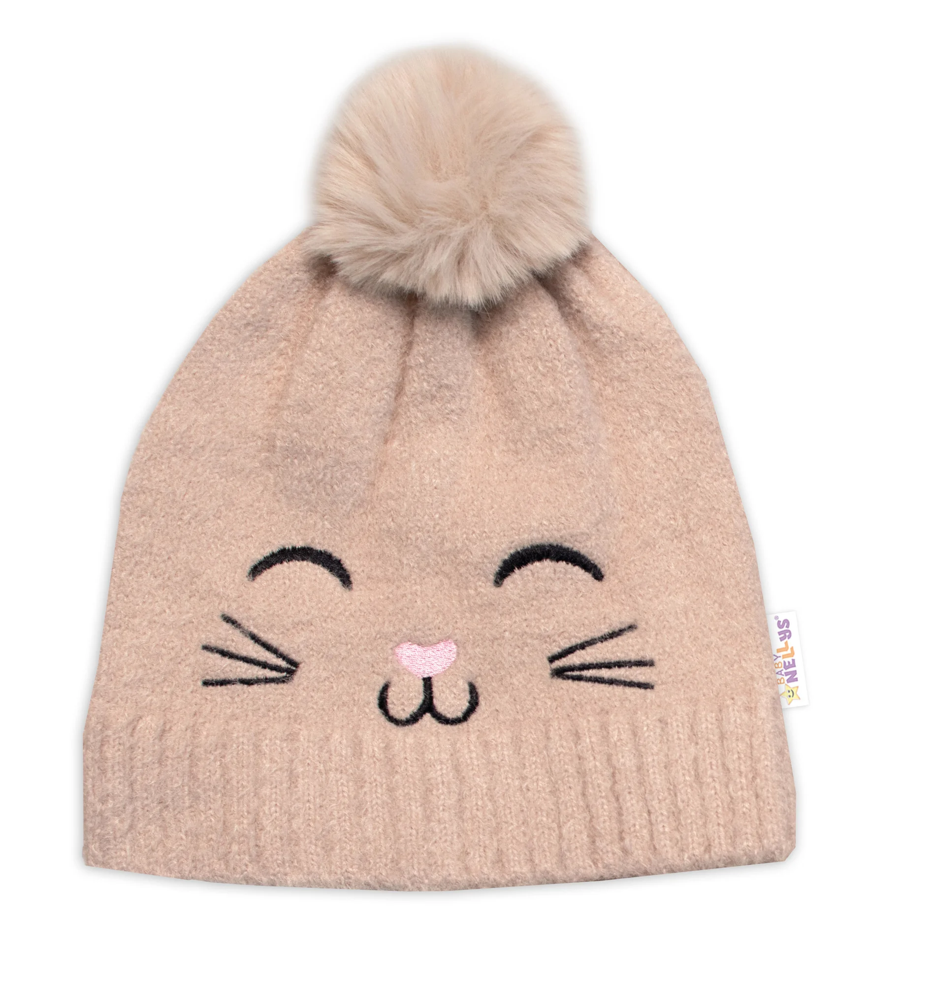 Baby Nellys Zimní čepice s bambulí + šál, Kitty, cappuccino vel. 54/58