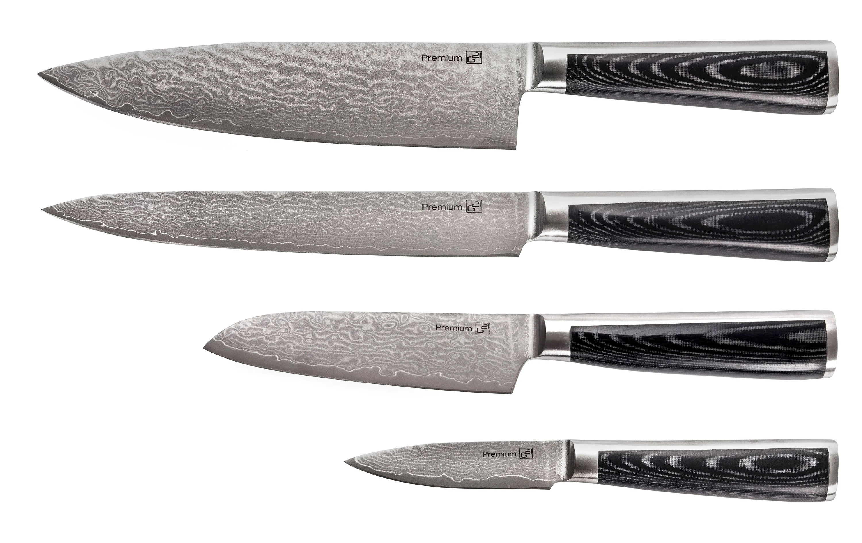 G21 Sada nožů Damascus Premium v bambusovém bloku, 4 ks + brusný kámen