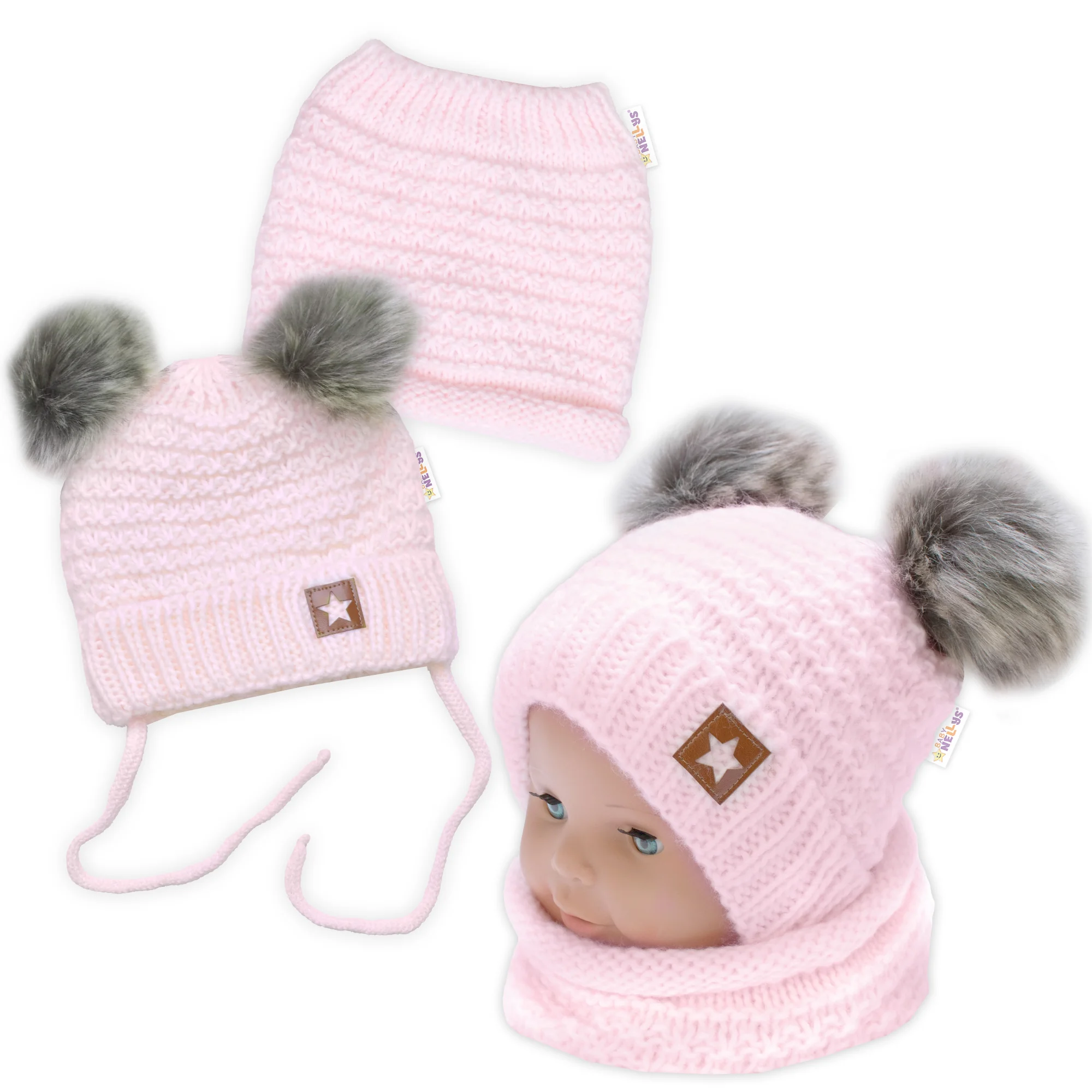Baby Nellys Zimní pletená čepice Star s fleecem a chlupáčkové bambulky+komínek, růžová