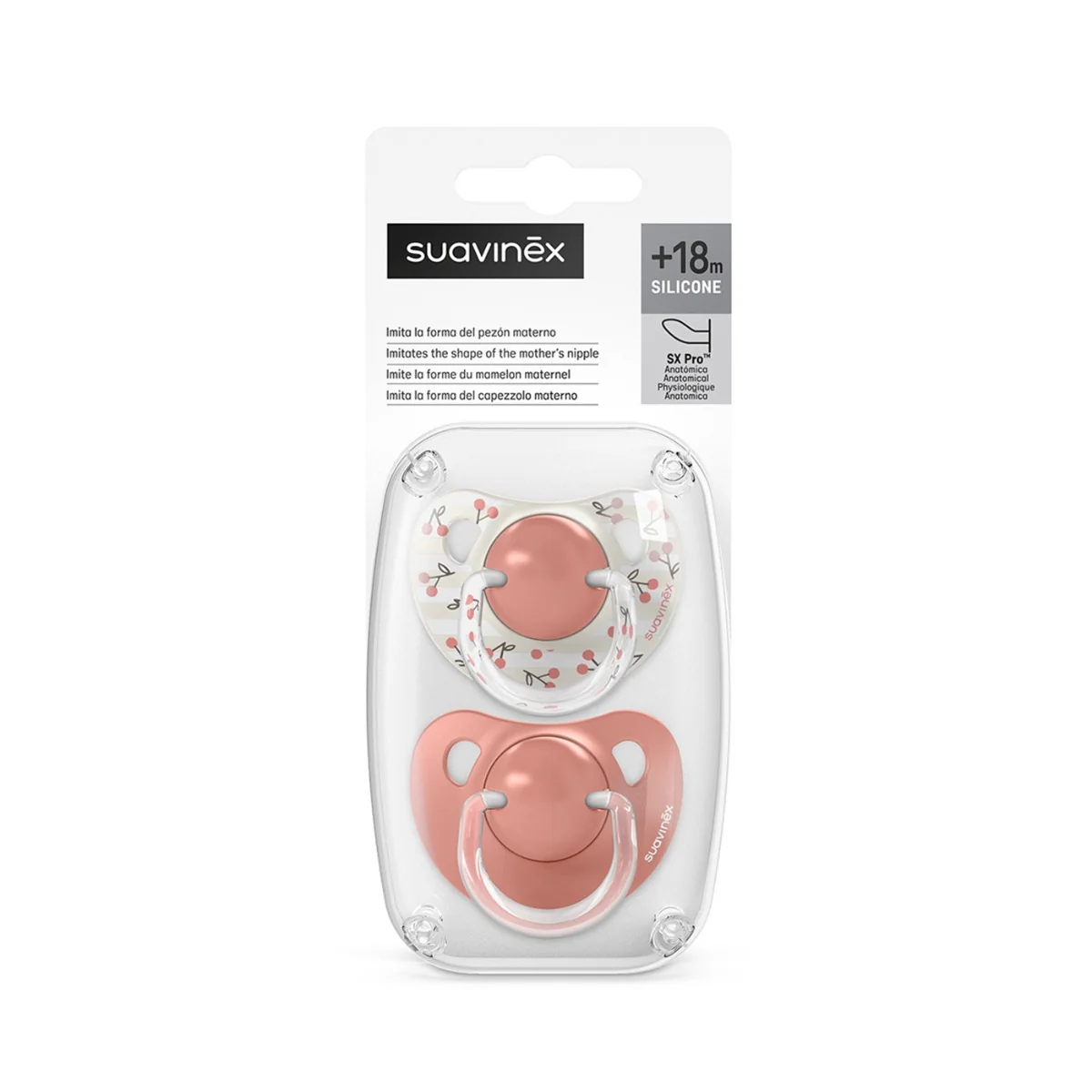Suavinex Dudlík anatomický silikonový BIRDIES 18m+ 2 ks růžový