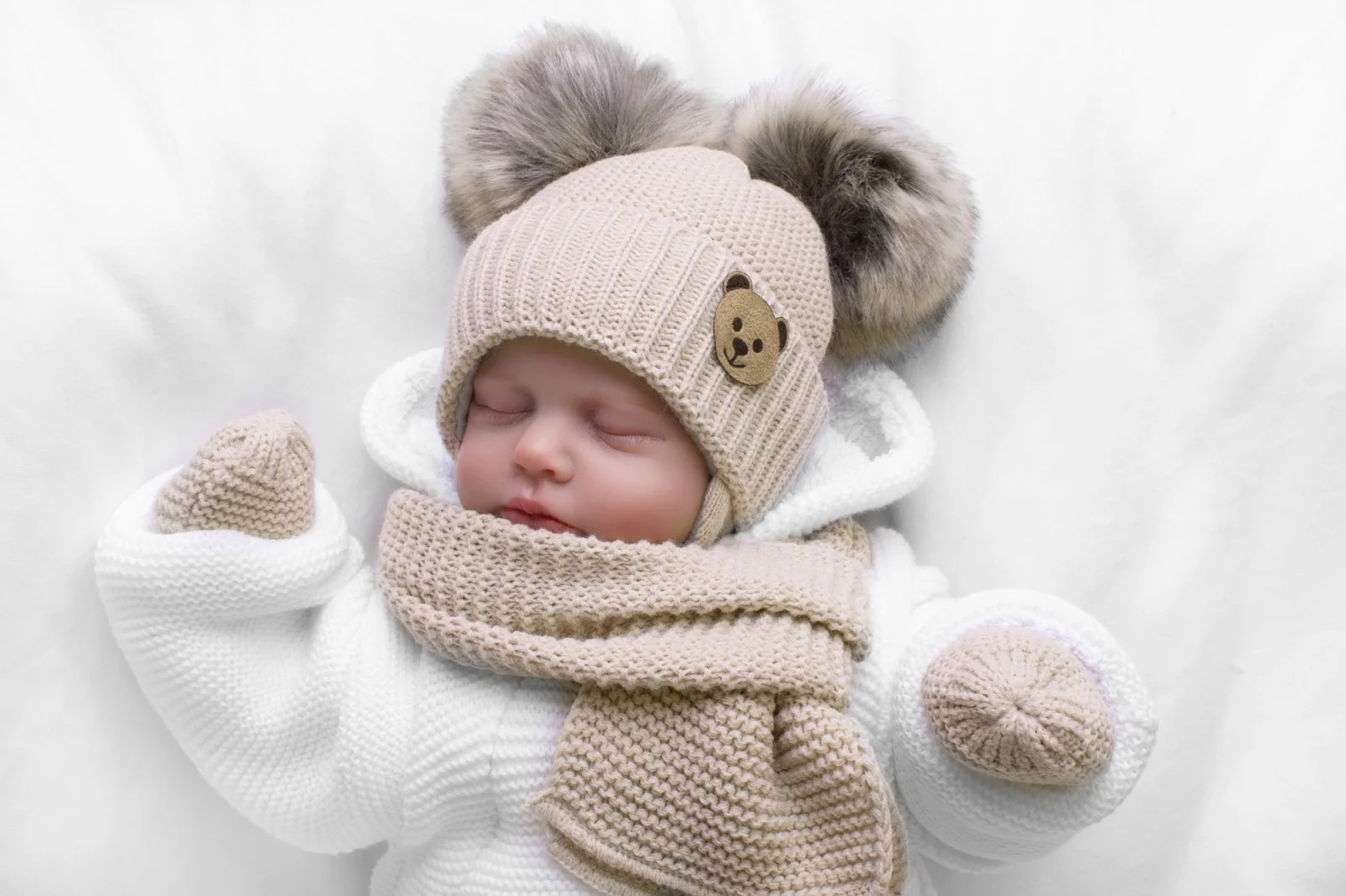 Baby Nellys Dětská sada, zimní čepice s šálou + rukavičky 3D, Teddy Bear - béžová