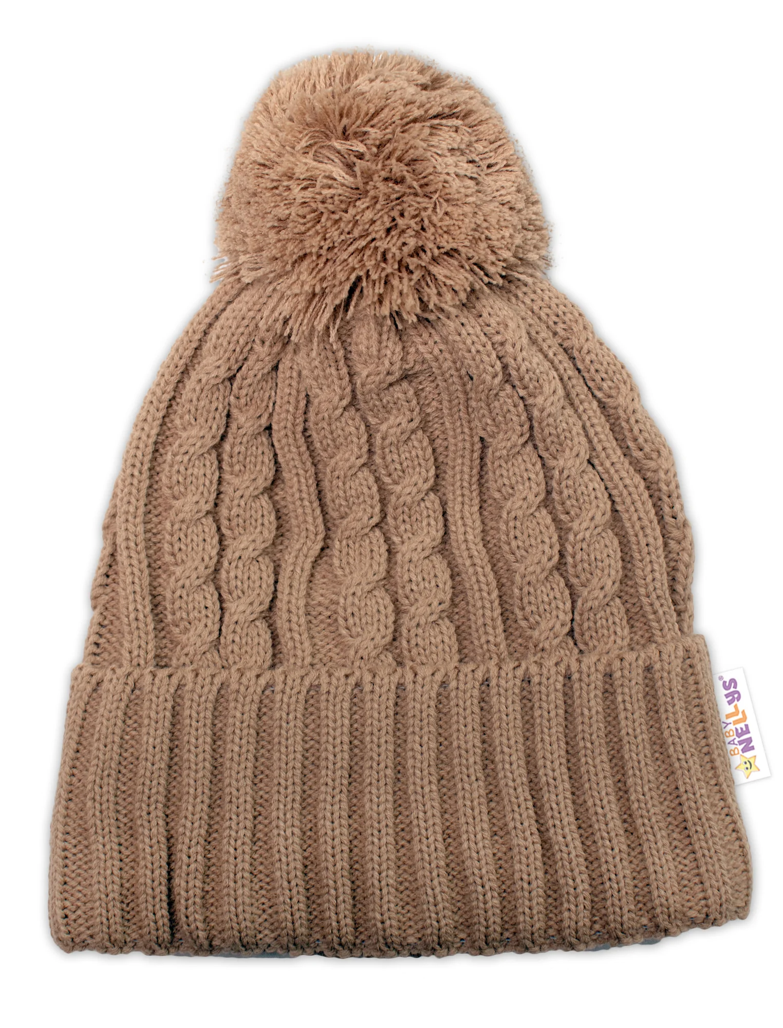 Baby Nellys 2D sada - Zimní čepice s bambulí, komín - béžová, vel. 48-52cm