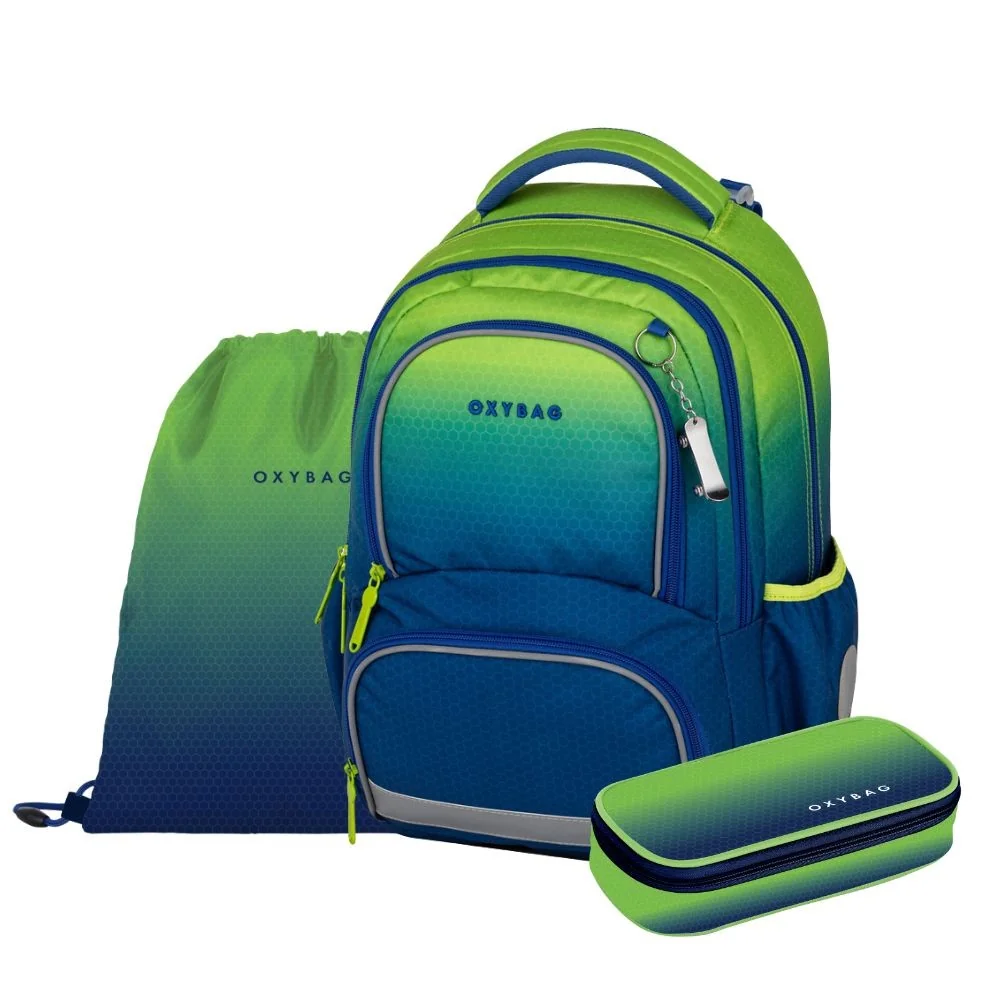 Oxybag OXY NEXT - školní set Ombre Green 3 ks: batoh, penál, sáček batoh, penál, sáček