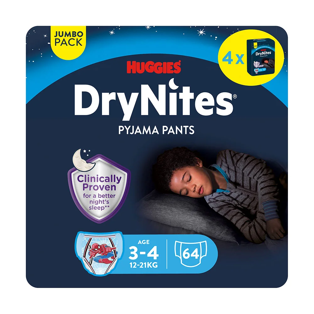 HUGGIES DryNites Natahovací kalhotky pro chlapce 3–4 roky 12–21 kg JUMBO 4x16 ks