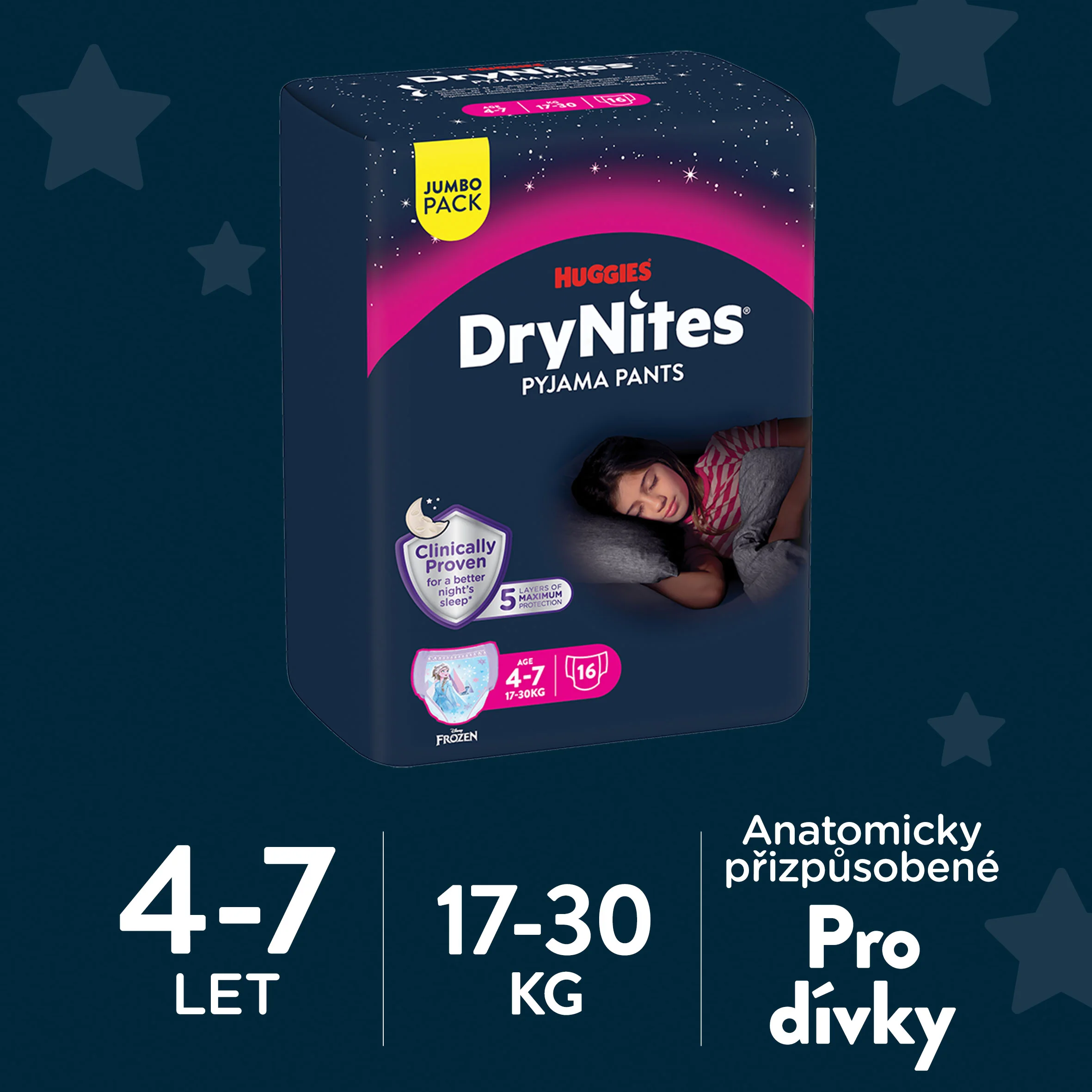 Huggies DryNites Natahovací kalhotky pro dívky 4–7 let 17–30 kg JUMBO 4x16 ks