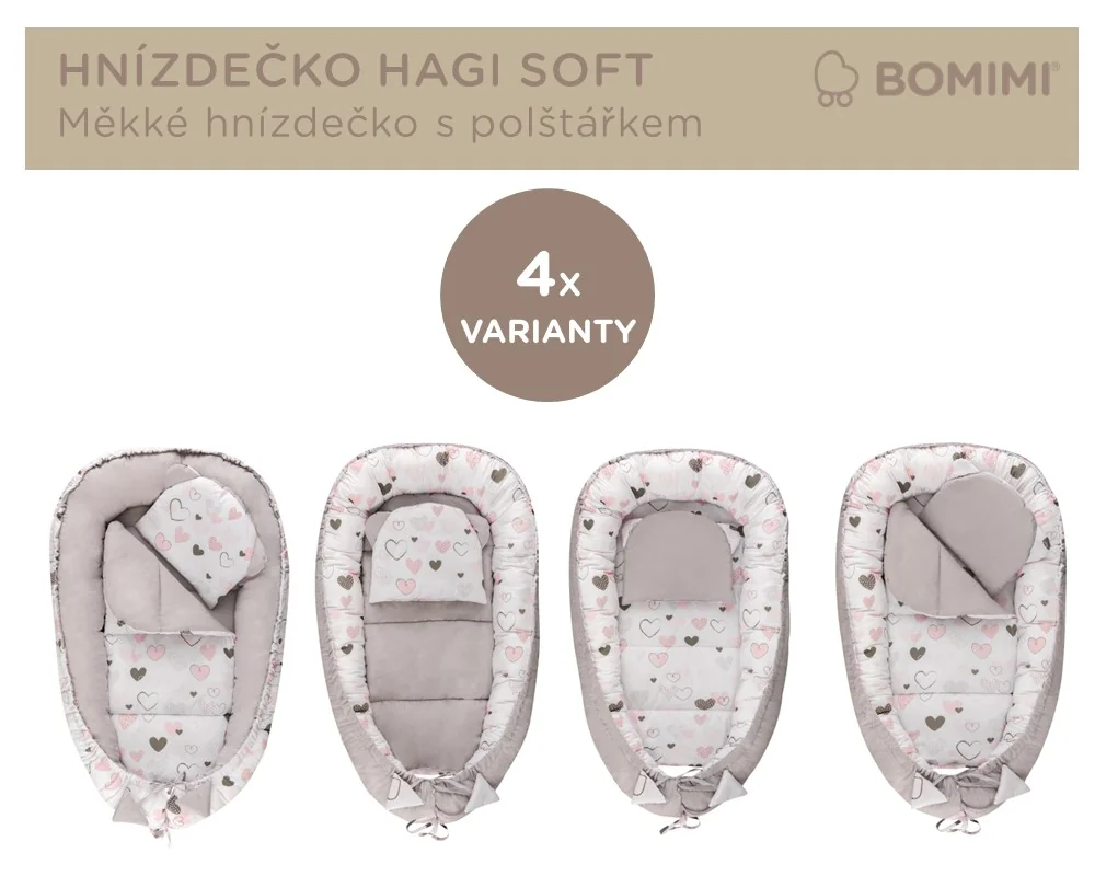 Bomimi HAGI Hnízdečko s polštářkem soft, SRDÍČKA šedá 