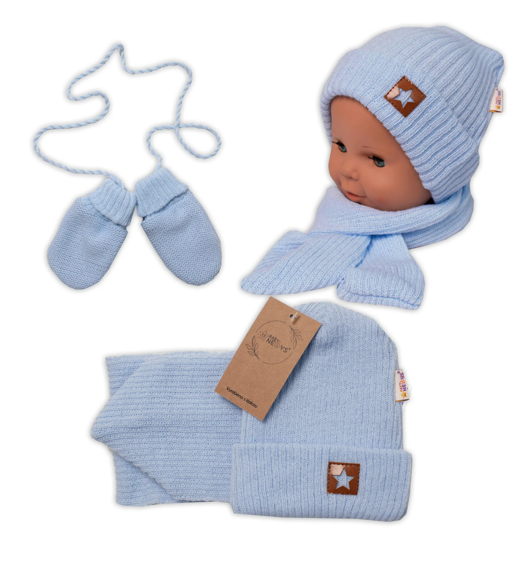Baby Nellys Pletená čepice, šála a rukavičky 3v1, STAR, modrá, 68/74