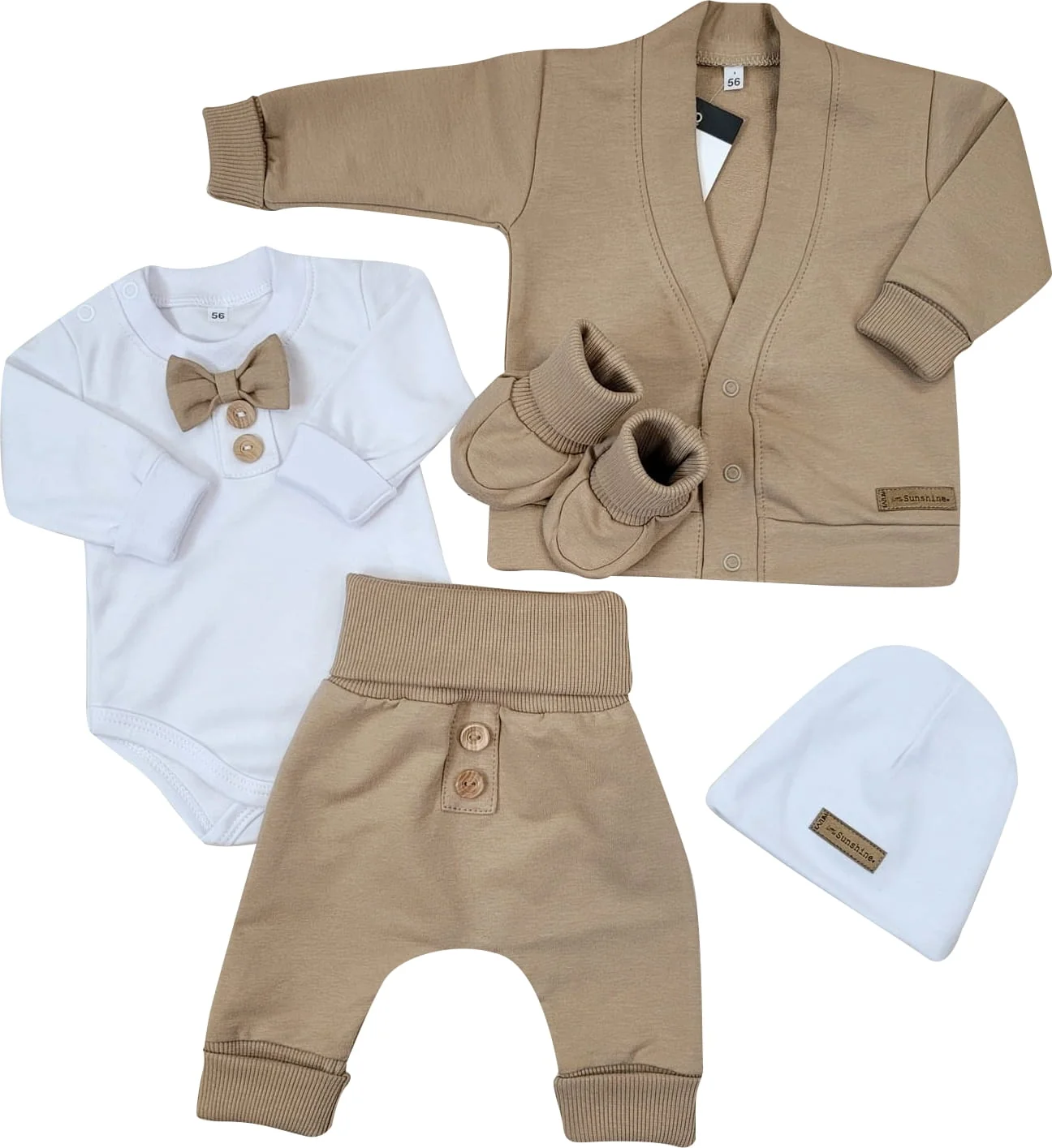 Kazum Bavlněná sada, body, kalhoty, motýlek a čepice Elegant Boy 5D,, mocca/bílá vel. 74