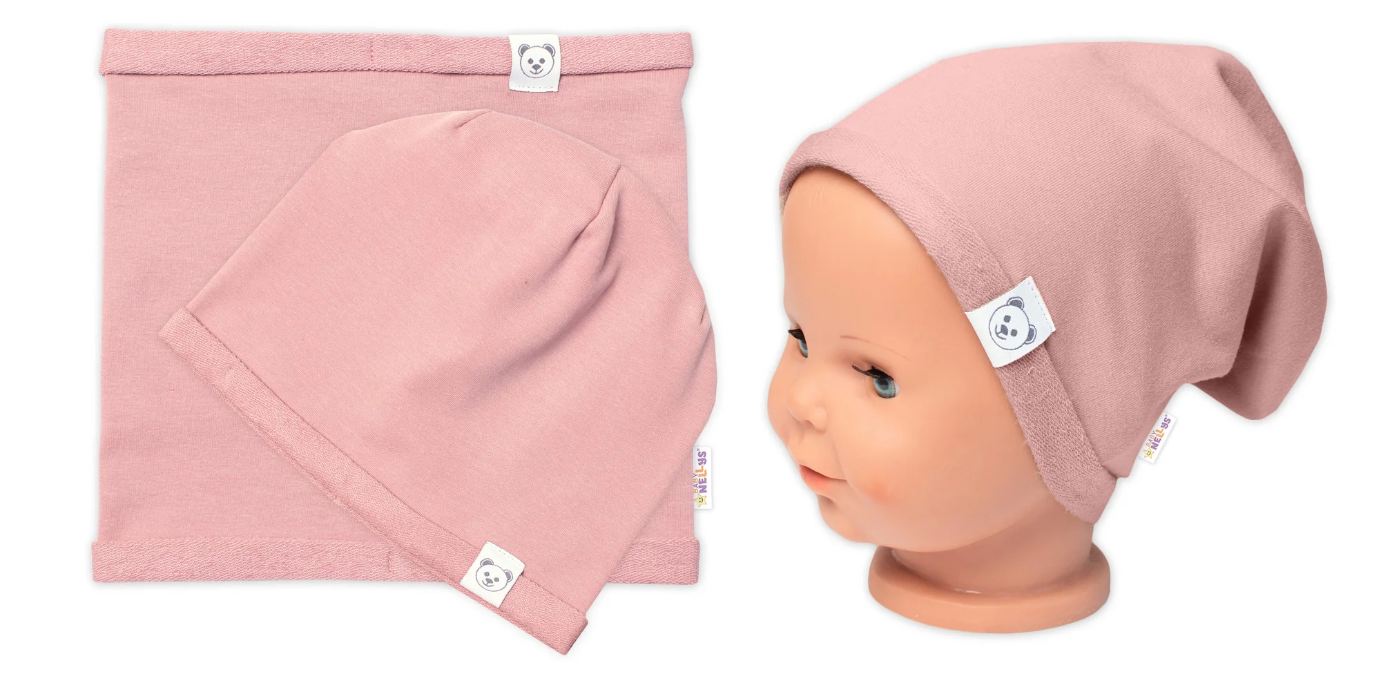 Baby Nellys Čepice s nákrčníkem bavlna, Little Bear, pudrová