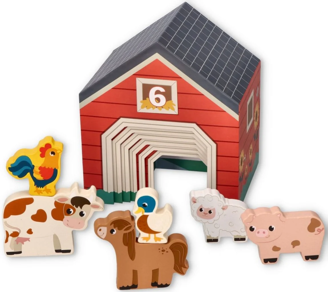 Adam Toys Domečky/pyramidy s 6 dřevěnými zvířátky, Farma