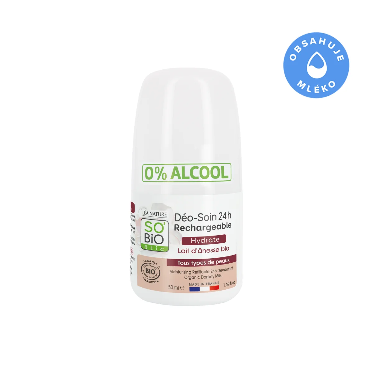 SO’BiO étic Deodorant 24h hydratační s oslím mlékem BIO roll-on znovuplnitelný 50 ml