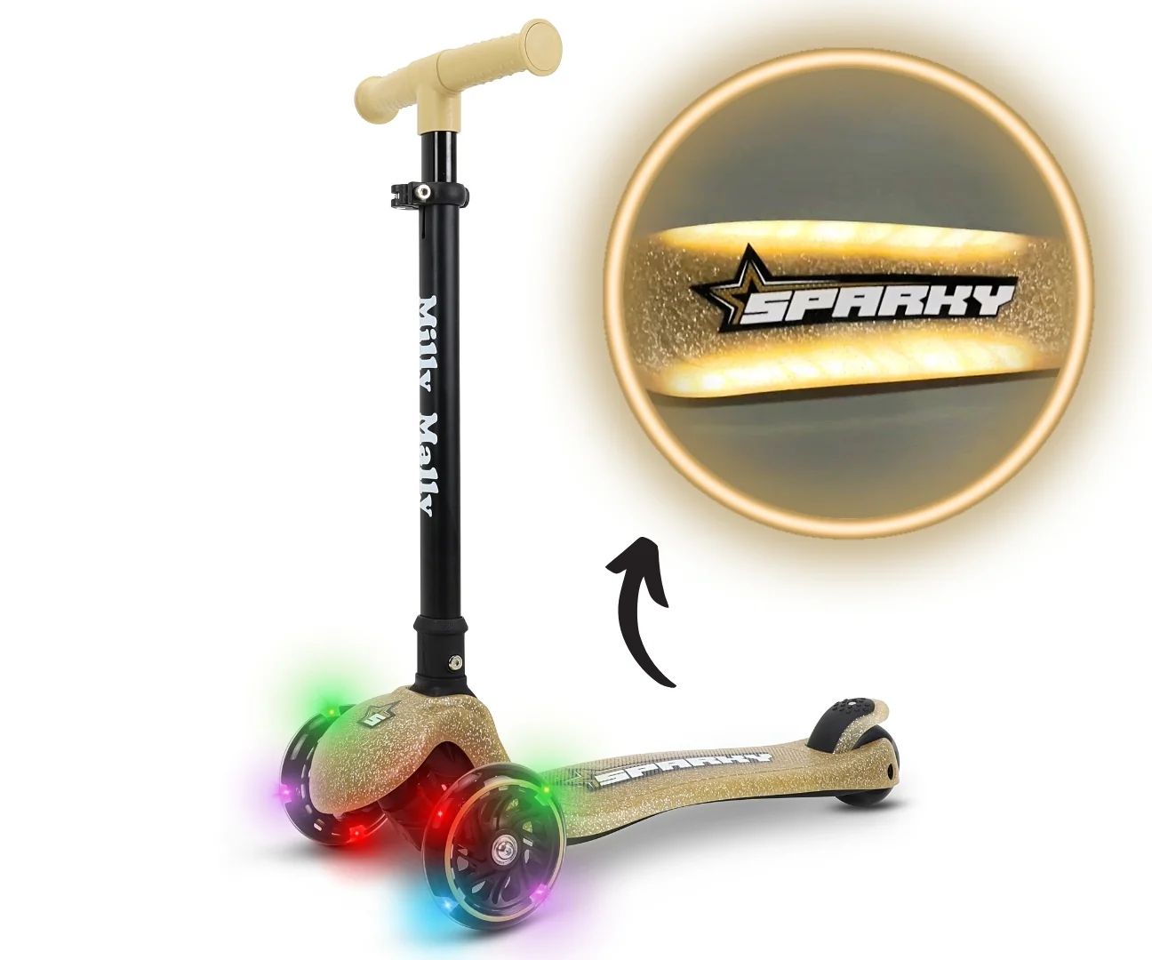 Milly Mally Dětská koloběžka SPARKY LED tříkolová – svítící kolečka, nastavitelná, béžová
