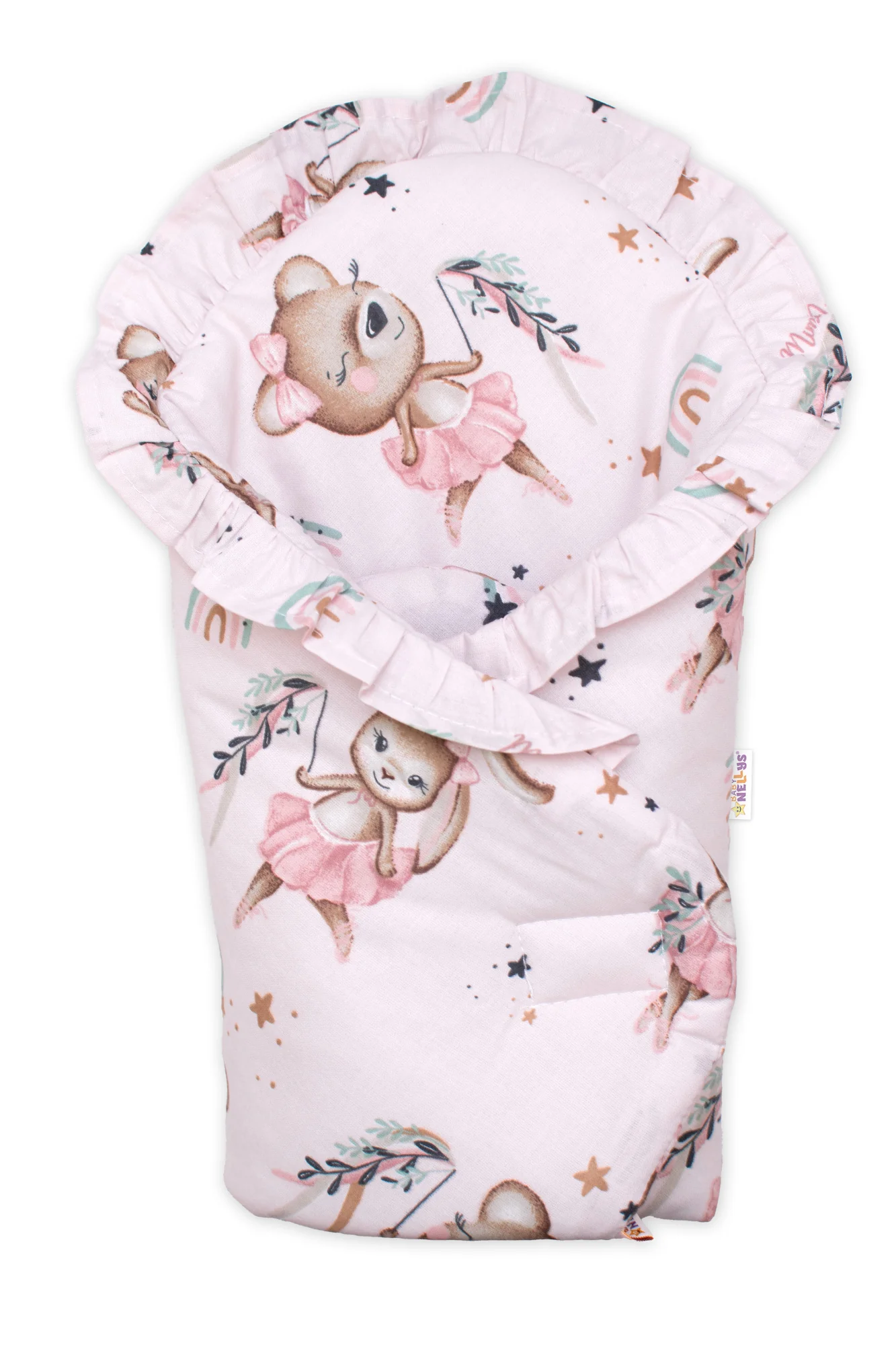 Baby Nellys Sada pro panenku 3D, zavinovovačka, peřinka a polštářek, Little Balerína, růžová
