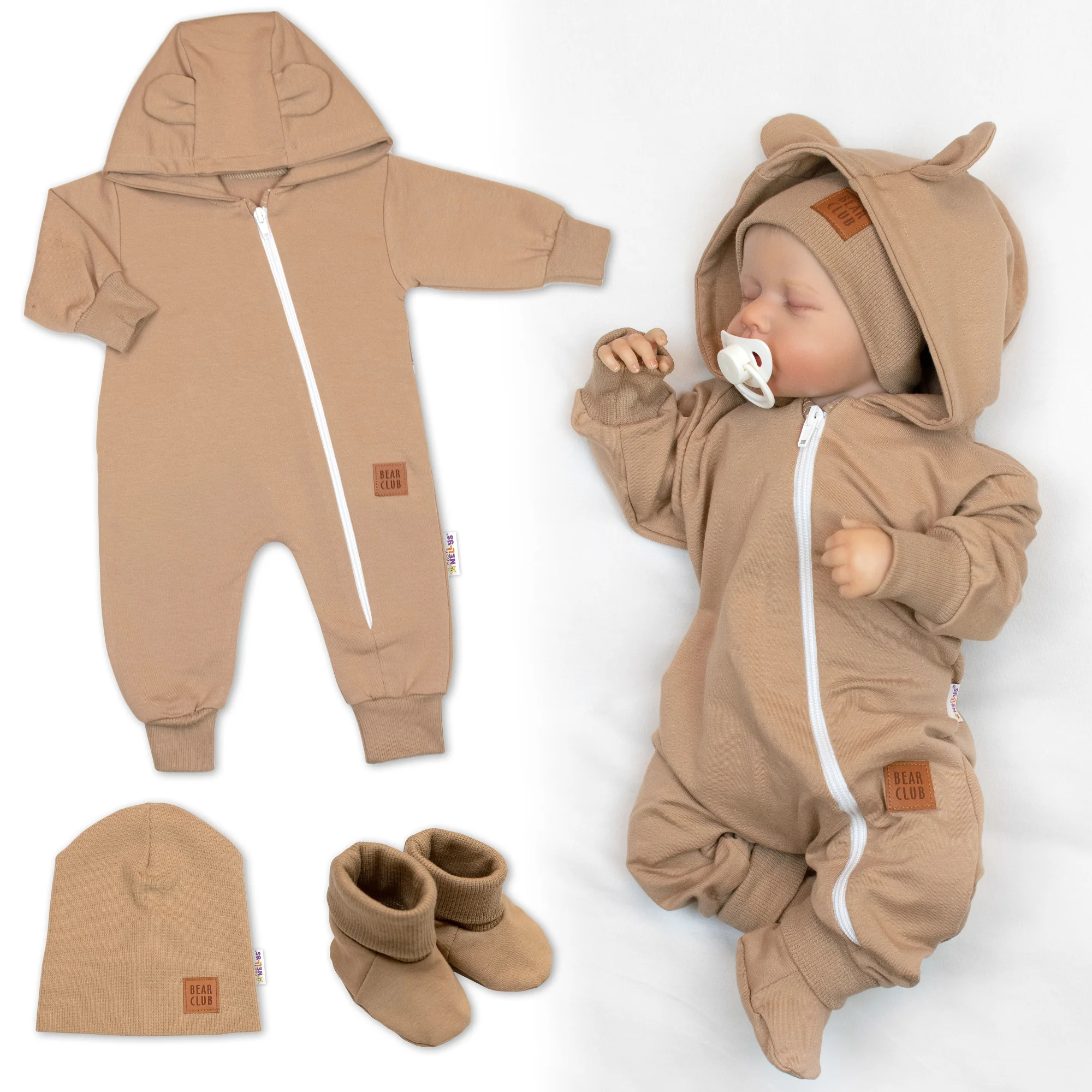Baby Nellys 3D Rostoucí overal pro miminko, čepice, botky, karamel,80/86