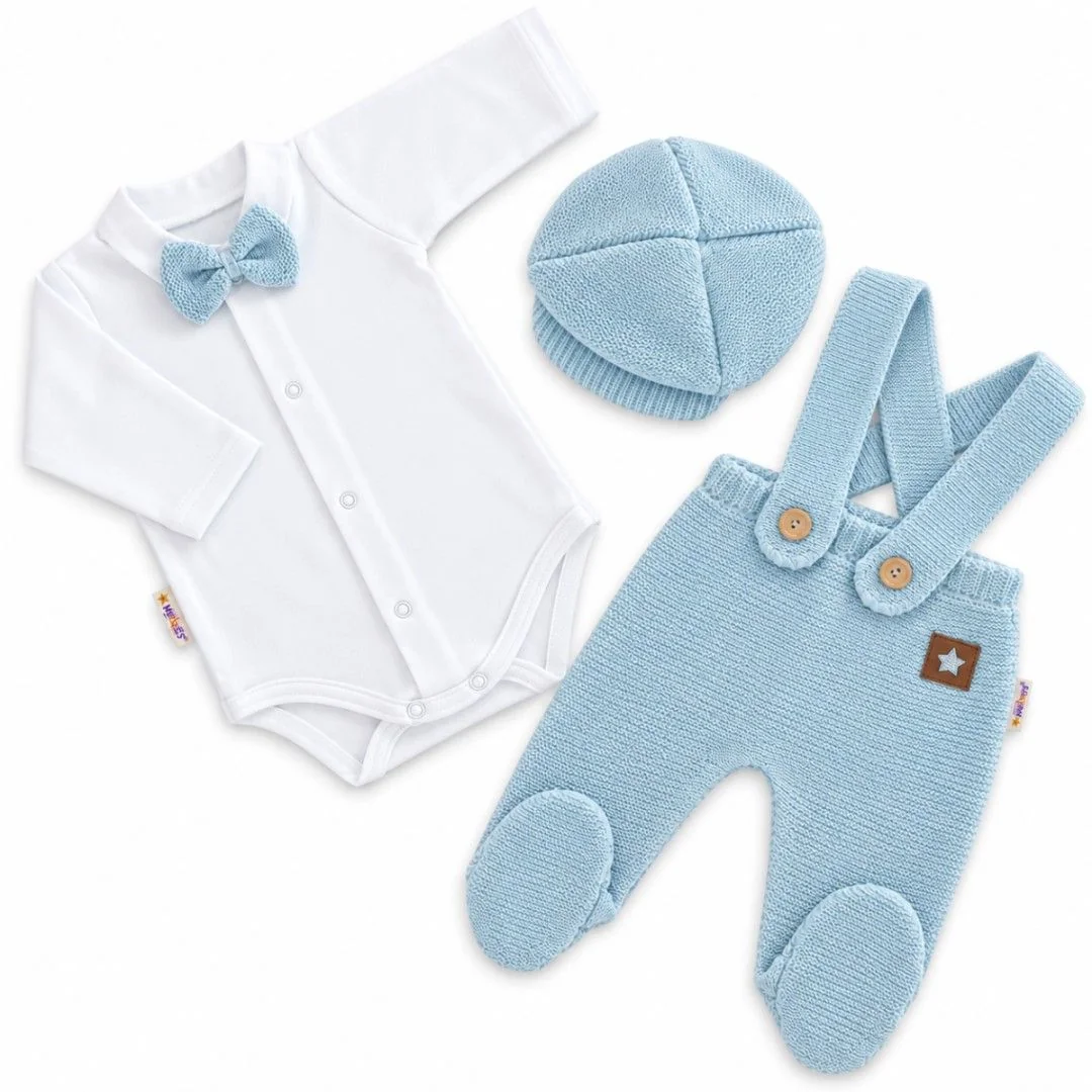 Baby Nellys Pletená souprava Gentleman 3D, body, polodupačky, čepička, sv. modrá, 68
