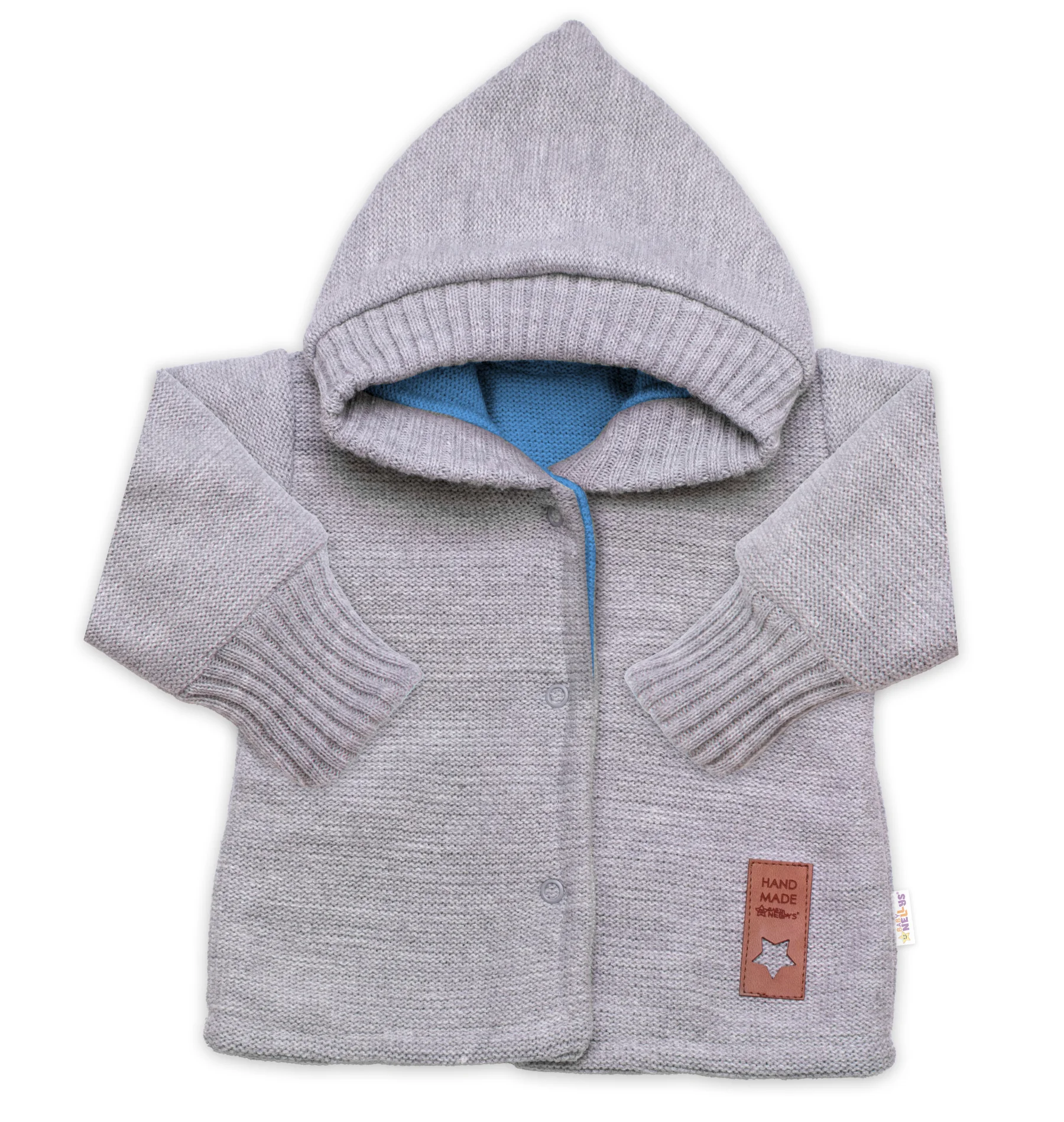 Baby Nellys Rostoucí oboustranný svetřík s kapucí Hand Made, modrá-šedá, vel. 80/86