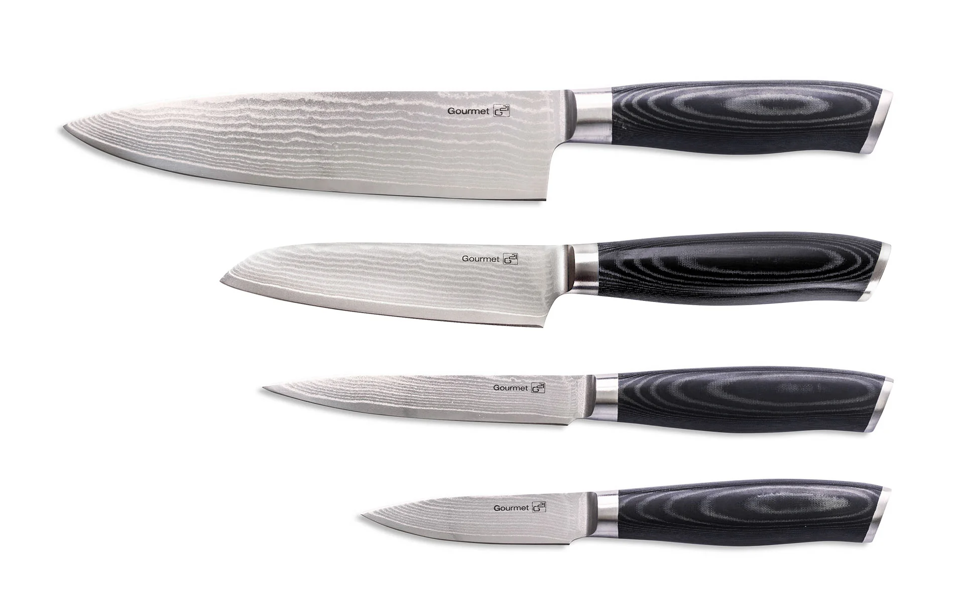 G21 Sada nožů Gourmet Damascus v bambusovém bloku 4 ks + brusný kámen