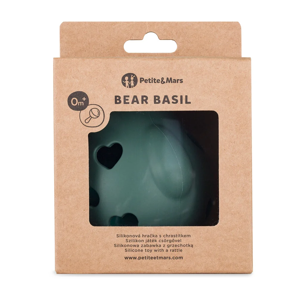 Petite&Mars Bear Basil 0m+ silikonová hračka s chrastítkem 1 ks misty green