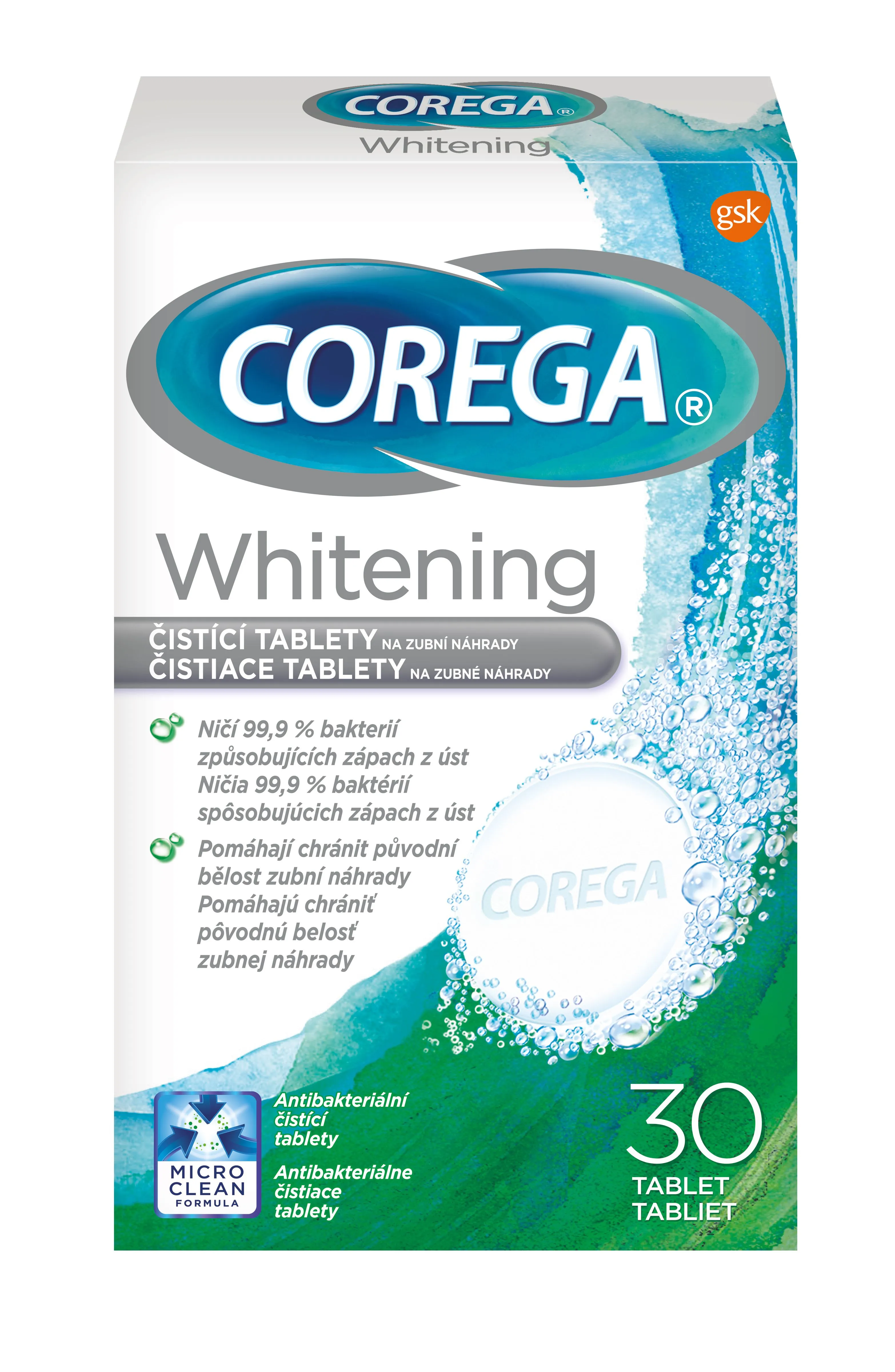 Corega Whitening Antibakteriální tablety 30 ks