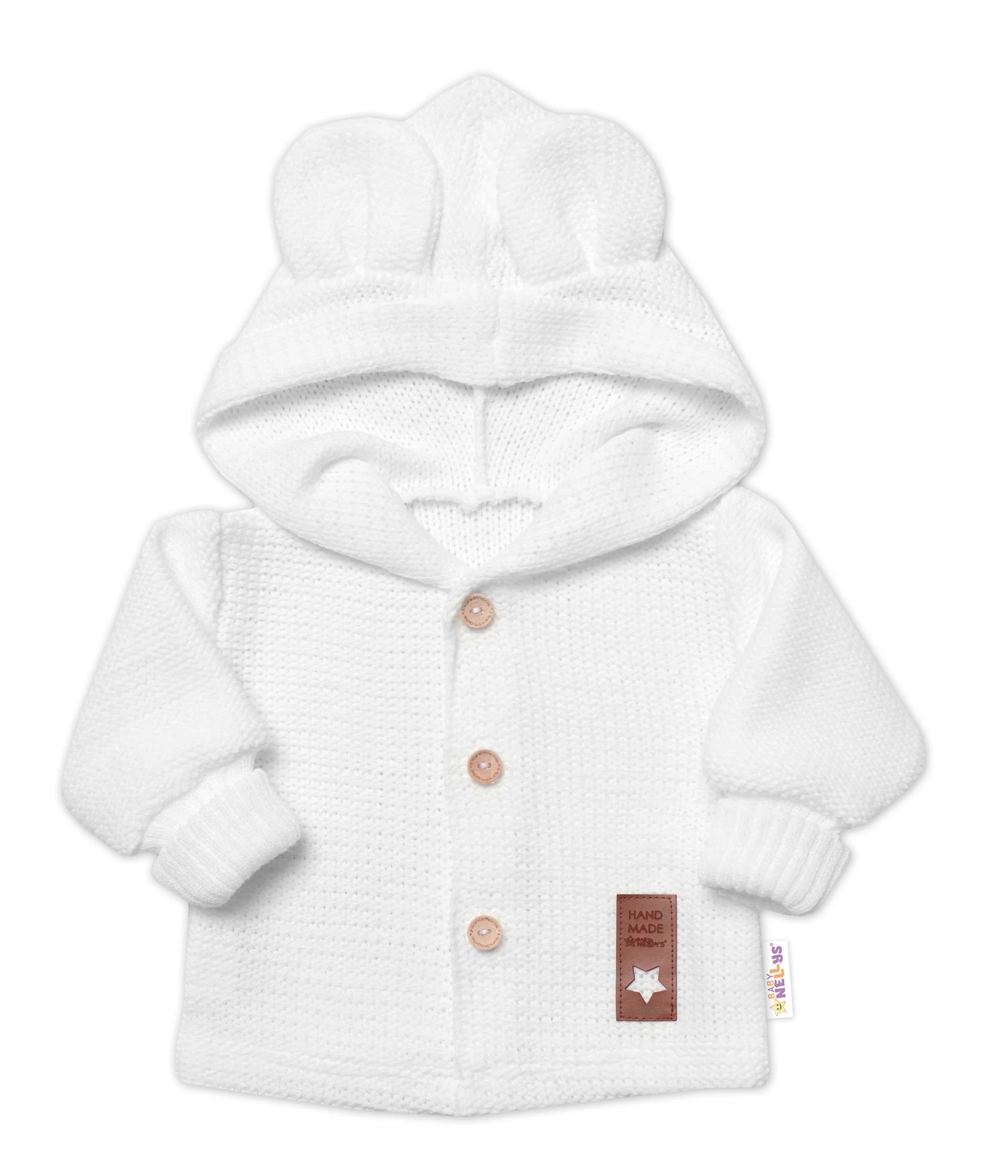 Baby Nellys Pletený svetřík s knoflíčky a kapucí s oušky, bíly,62