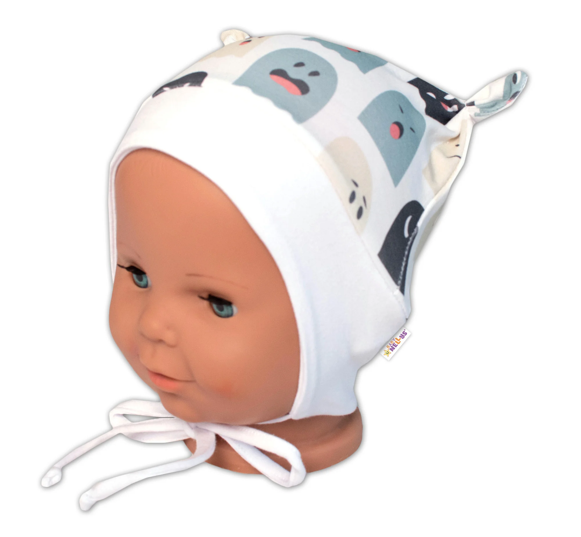 Baby Nellys Kojenecká čepička uzlíček na zavazování - Příšerky, bílá/mátová vel. 68/74
