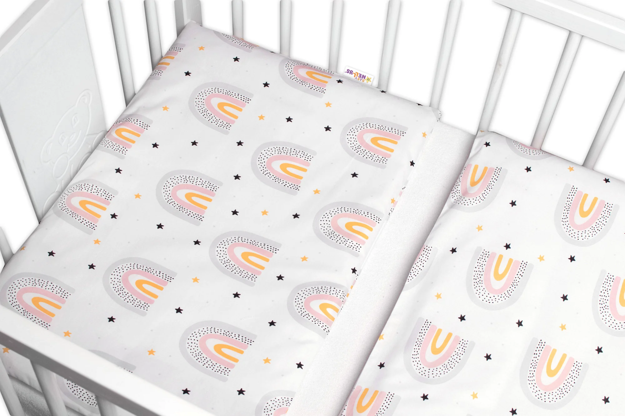Baby Nellys 3-dílná sada Mantinel s povlečením Rainbow, bílá s potiskem
