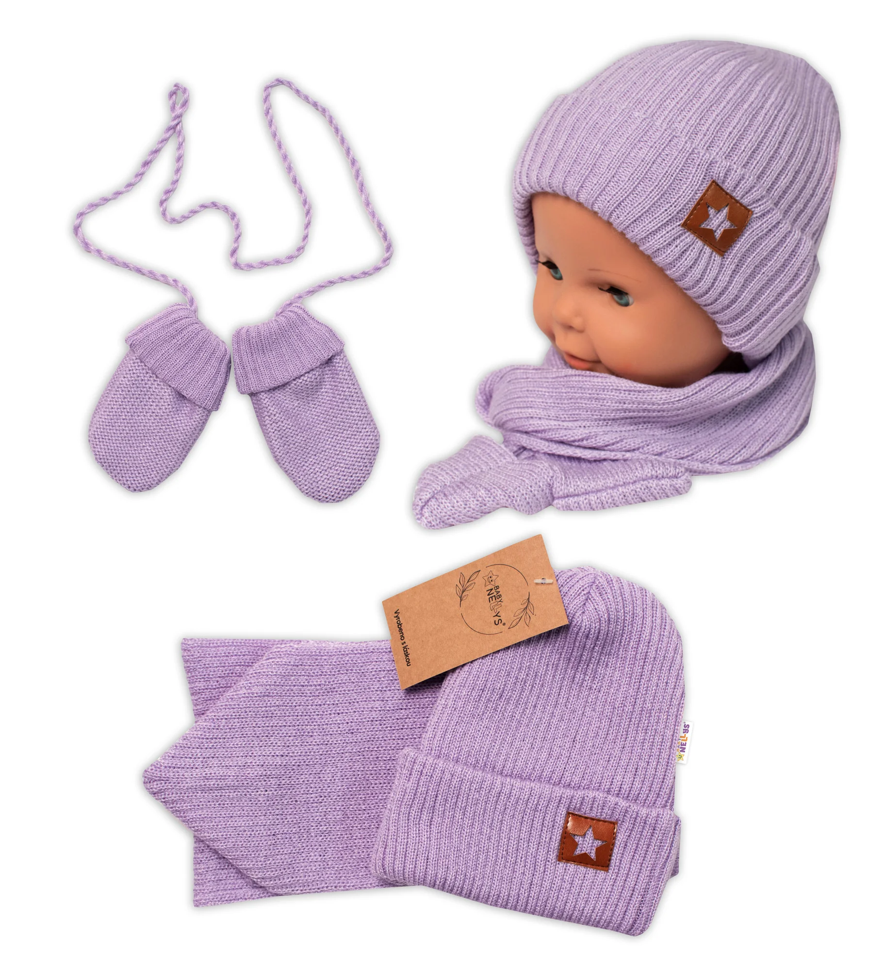 Baby Nellys Pletená čepice s šálou a rukavičky 3v1, STAR,fialová