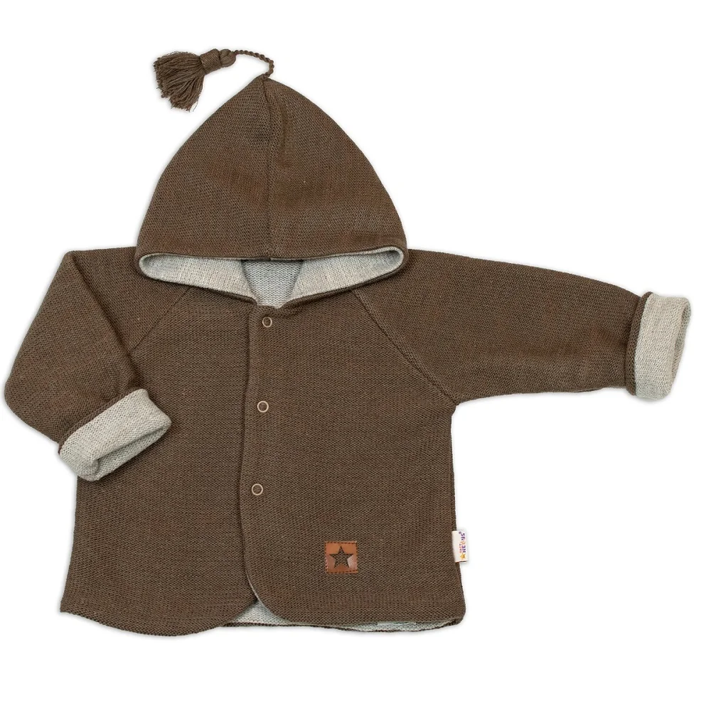 Baby Nellys Pletený dětský kabátek s kapucí Star, oboustranný - hnědý, béžový, vel. 86