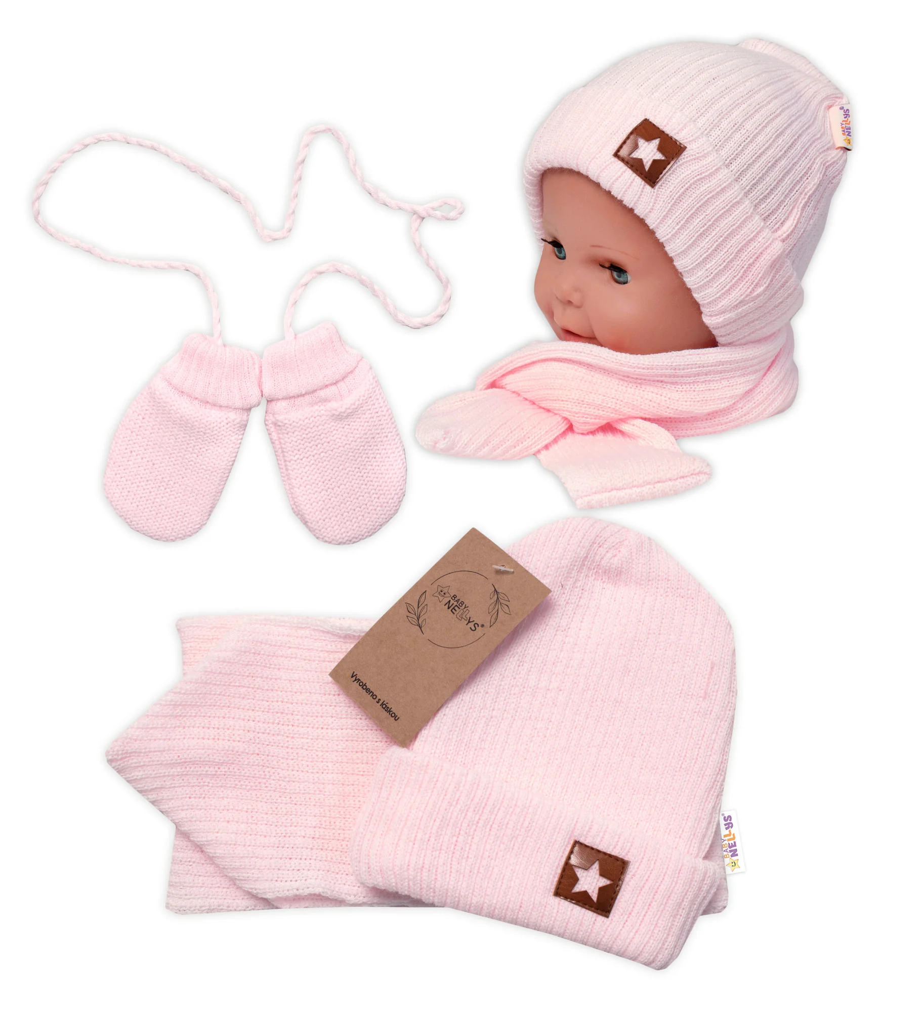 Baby Nellys Pletená čepice,šála a rukavičky 3v1, STAR, růžová, 68/74