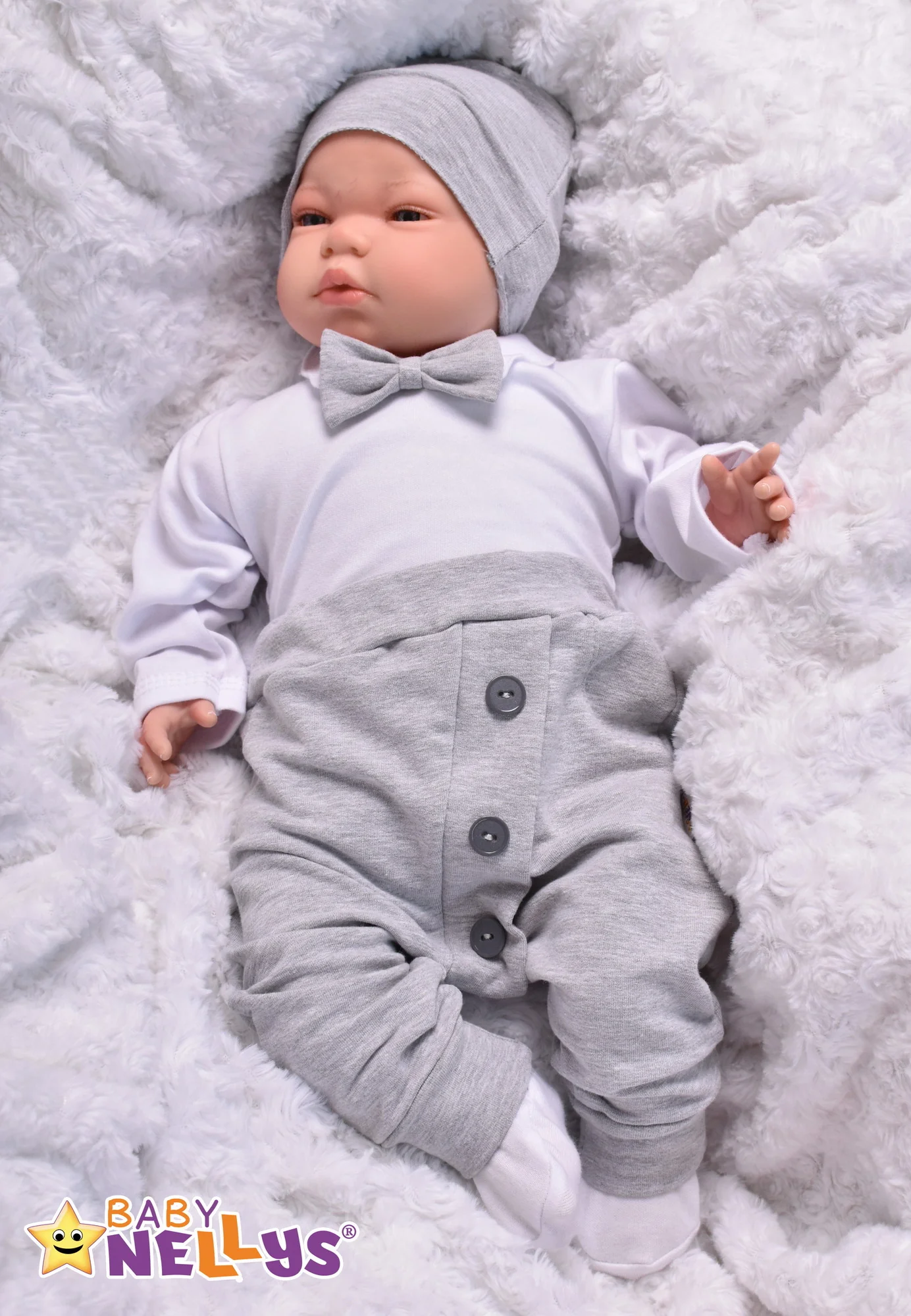 Baby Nellys 3-dílná sada Hubert, body s motýlkem, tepláčky a čepička - šedý vel. 92