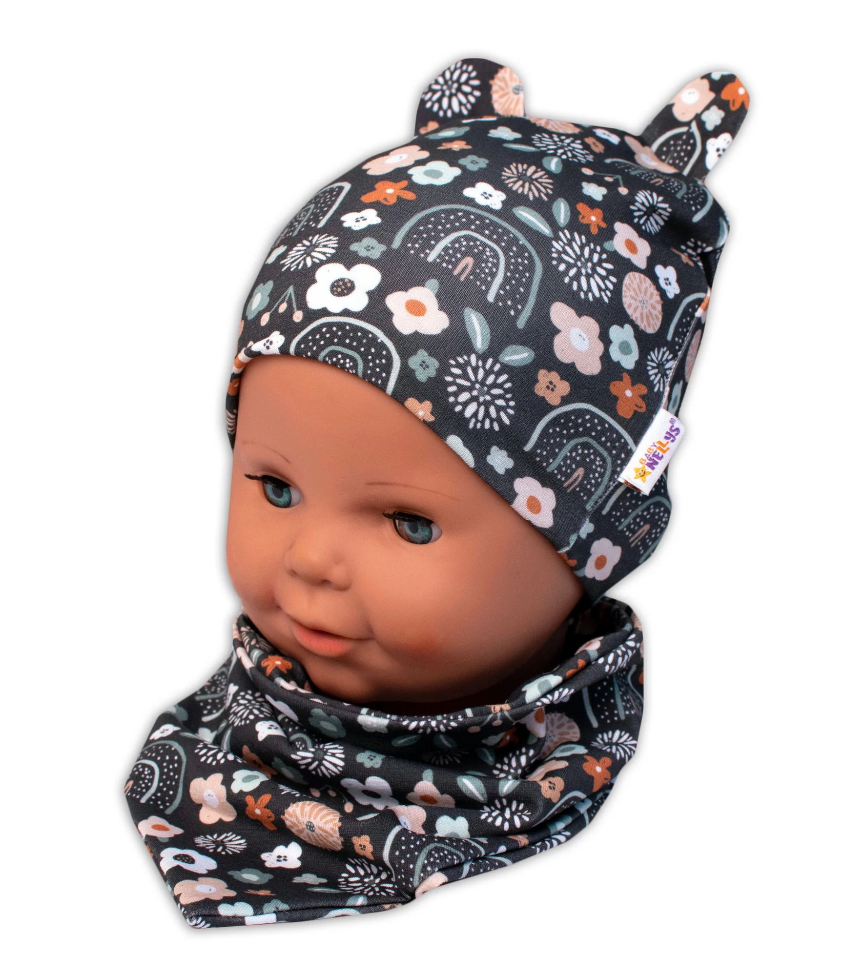 Baby Nellys Dvouvrstvá čepice s oušky + šátek Palouček, grafit, vel. 80/92