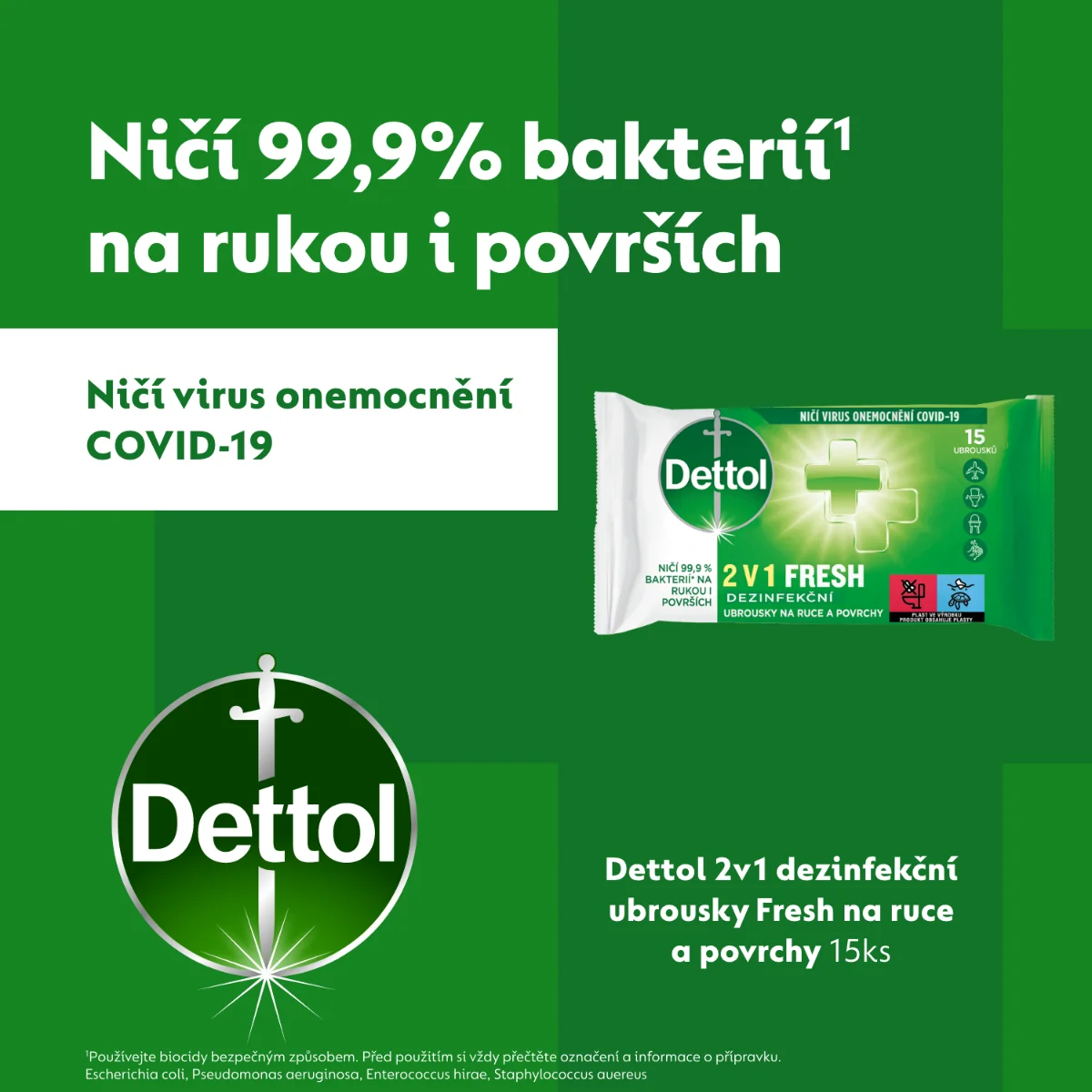 Dettol Dezinfekční ubrousky 2v1 na ruce a povrchy 15 ks