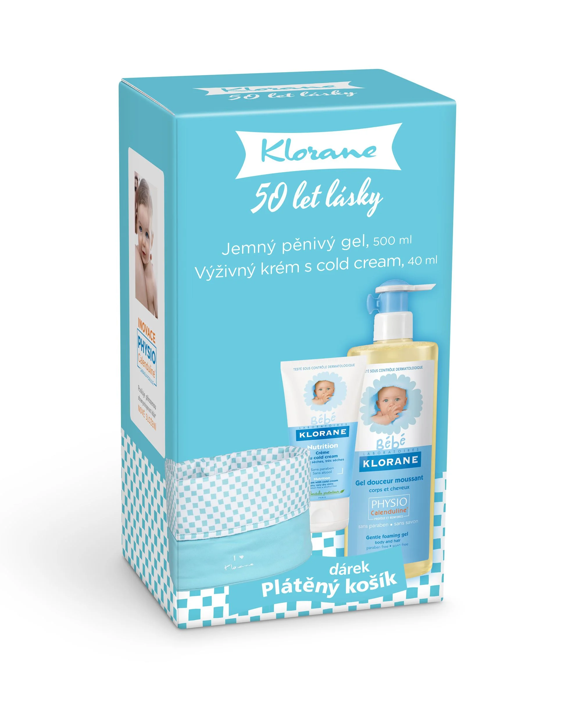 KLORANE BEBE XMASS Jemný pěnivý gel 500ml + Výživný krém s cold cream 40ml + plátěný košík