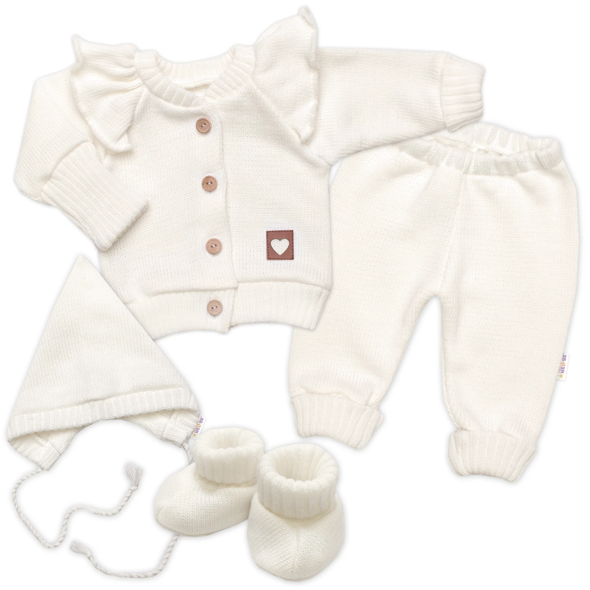 Baby Nellys Rostoucí pletená sada 4D Girl s volánkem Love, smetanová, vel. 68/74