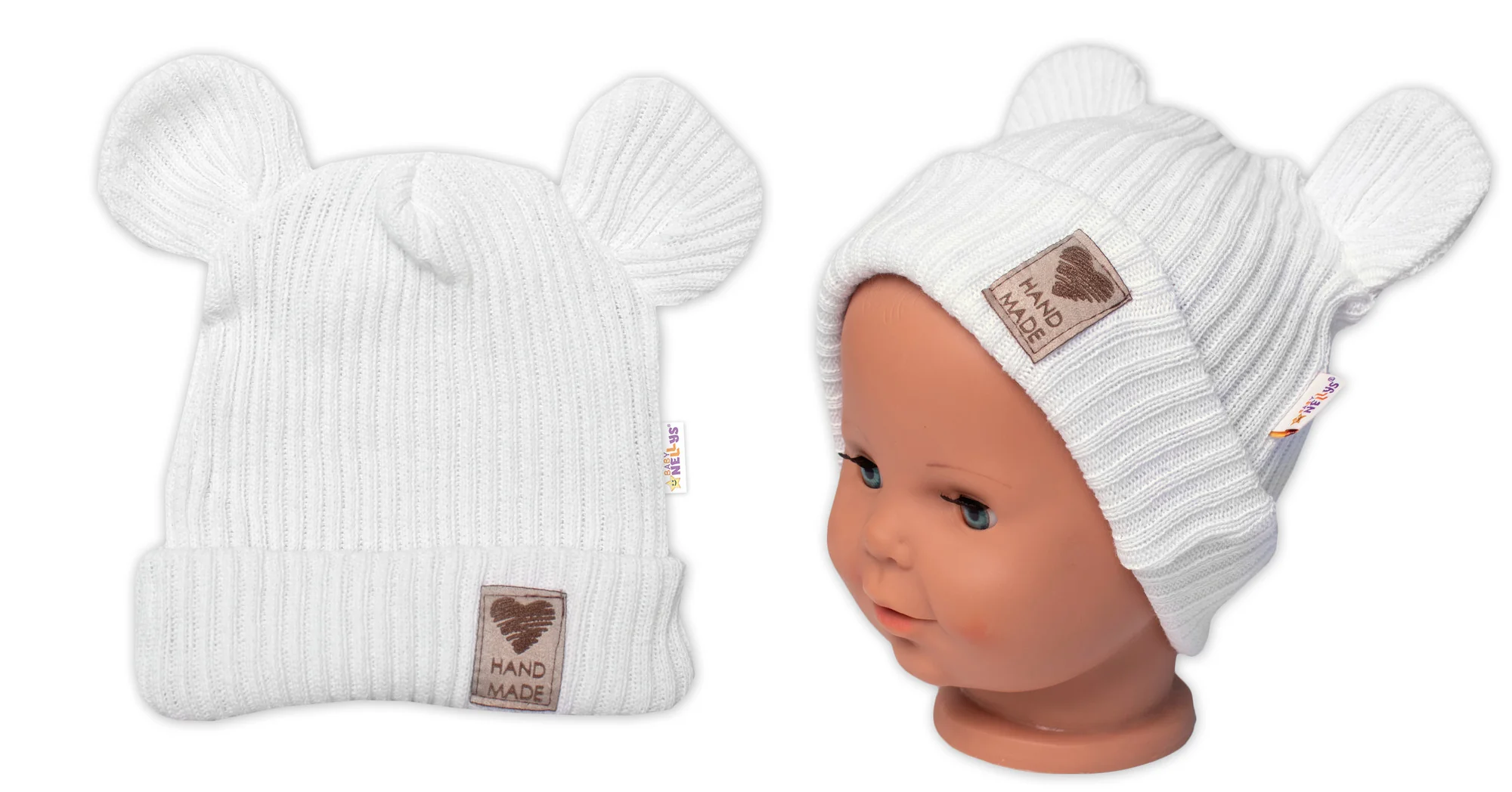 Baby Nellys Pletená bavlněná čepice, dvouvrstvá, Hand Made, bílá,68/74
