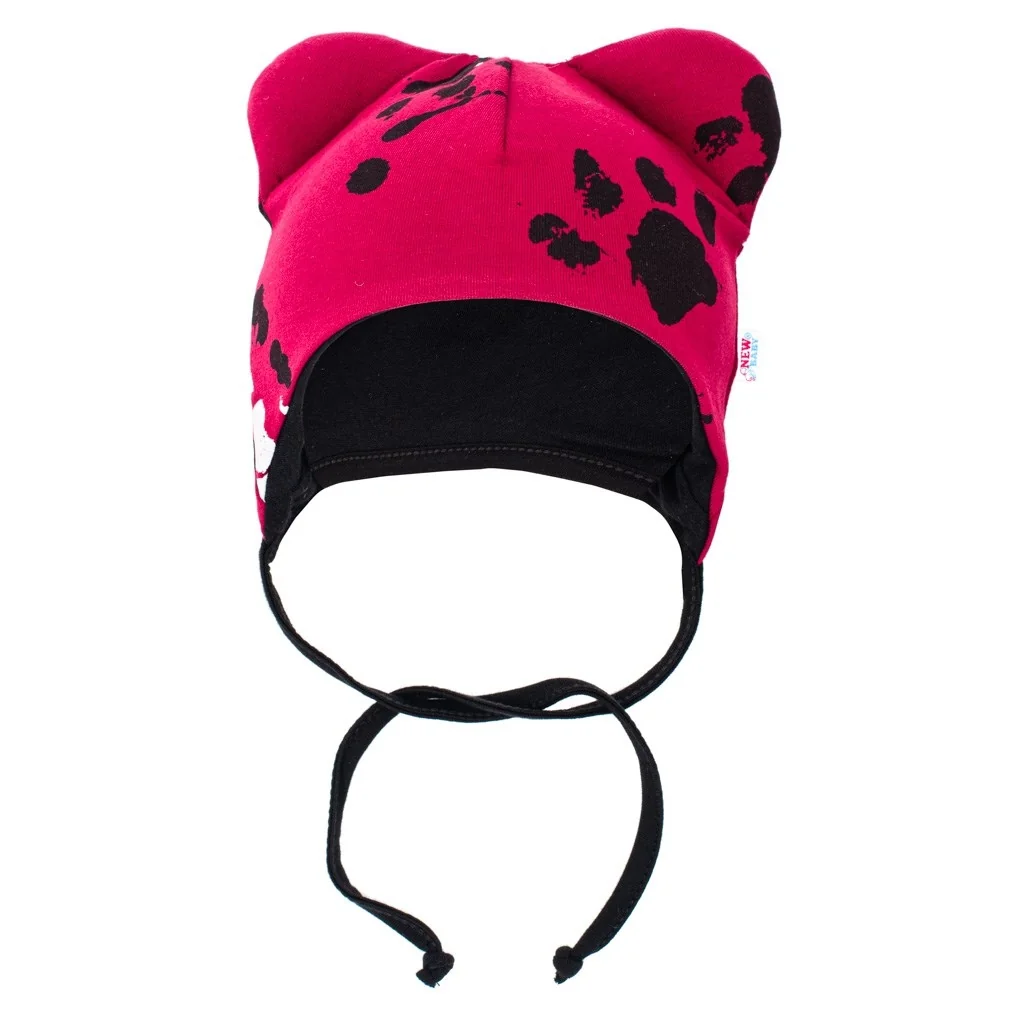 New Baby Kojenecká bavlněná čepička s oušky  tlapka tmavě růžová, vel. 62 (3-6m)
