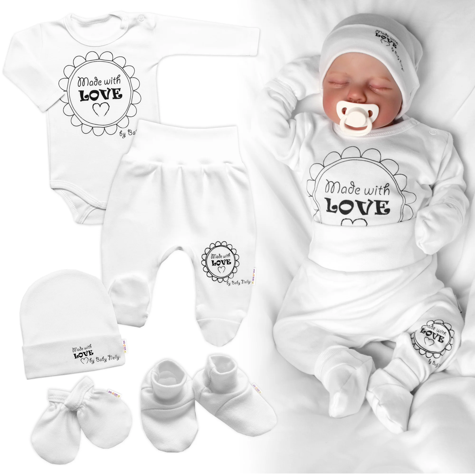 Baby Nellys Soupravička do porodnice 5D Made with love - bílá, vel. 62