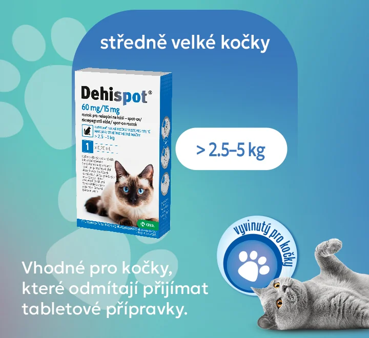 Dehispot spot-on. Vhodné pro kočky, které odmítají přijímat tabletové přípravky. Dehispot spot-on. Vhodné pro kočky, které odmítají přijímat tabletové přípravky.
