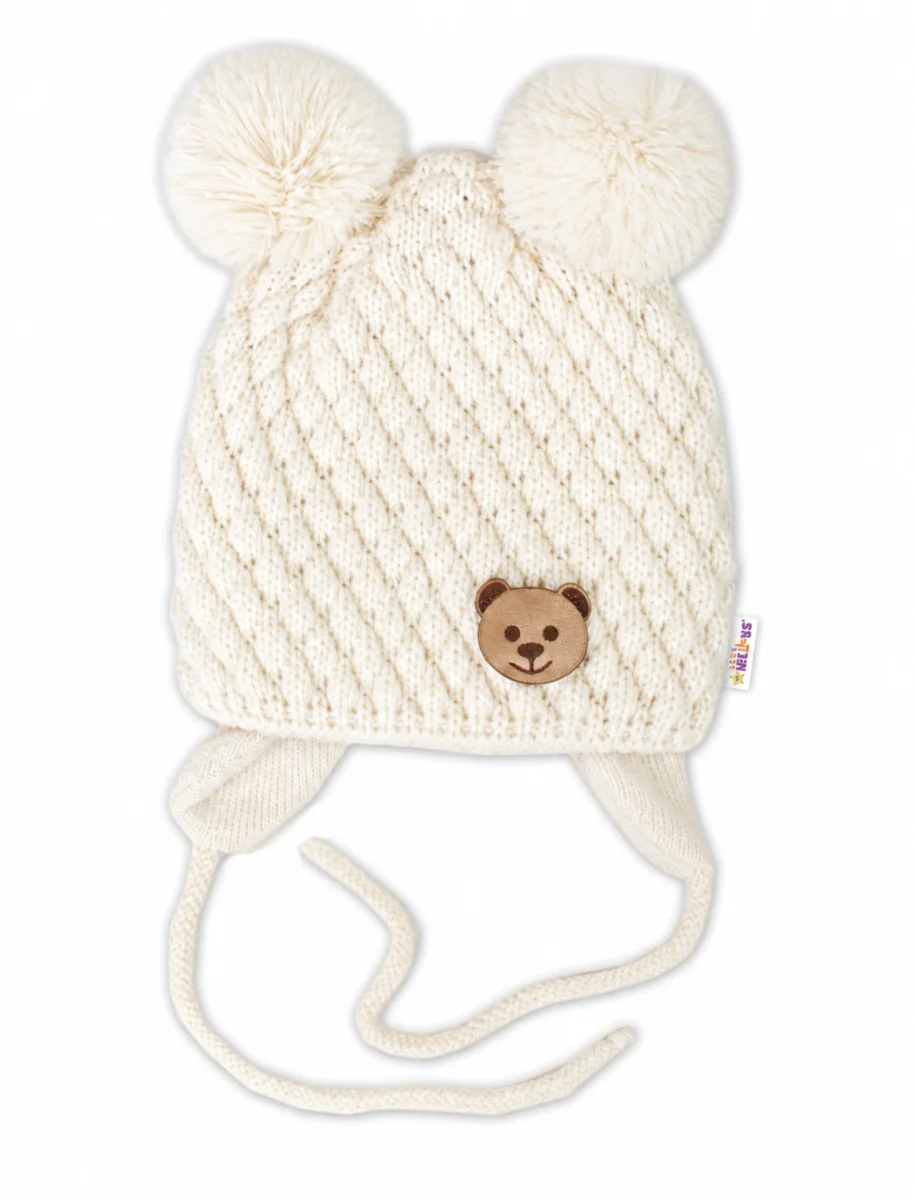 Baby Nellys Zimní pletená čepice Teddy Bear na zavazování, ecru, Baby Nellys
