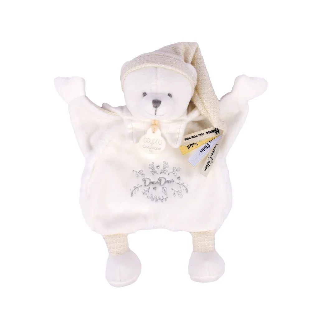 Doudou et Compagnie Paris Dárková sada Plyšový muchláček medvídek s čepičkou béžový 25 cm